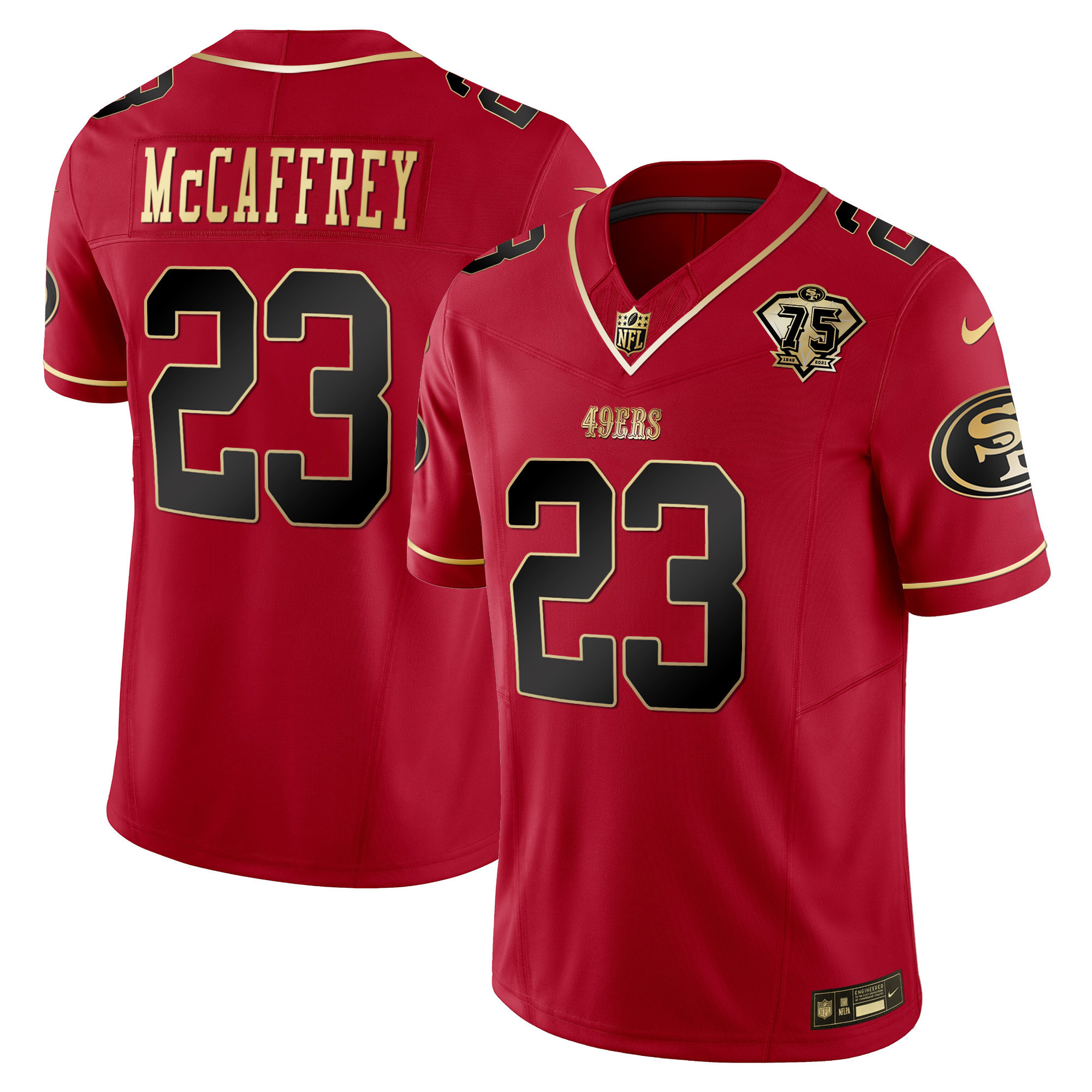 Youth's Christian McCaffrey San Francisco 49ers 2023 Vapor Gold Limited Scarlet Limited Jersey - All Stitched