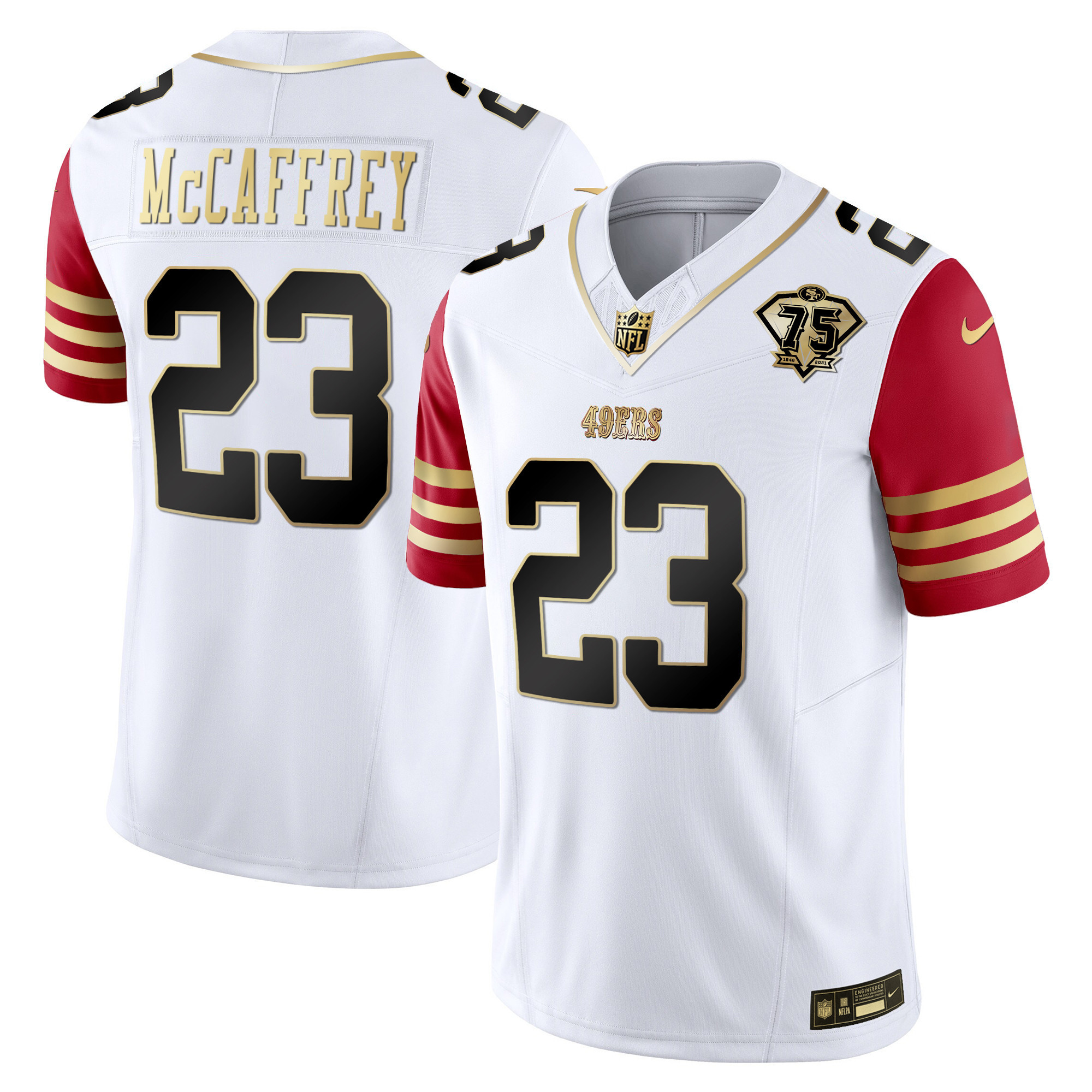 Youth's Christian McCaffrey San Francisco 49ers 2023 Vapor Gold Limited Scarlet Sleeves Jersey - All Stitched