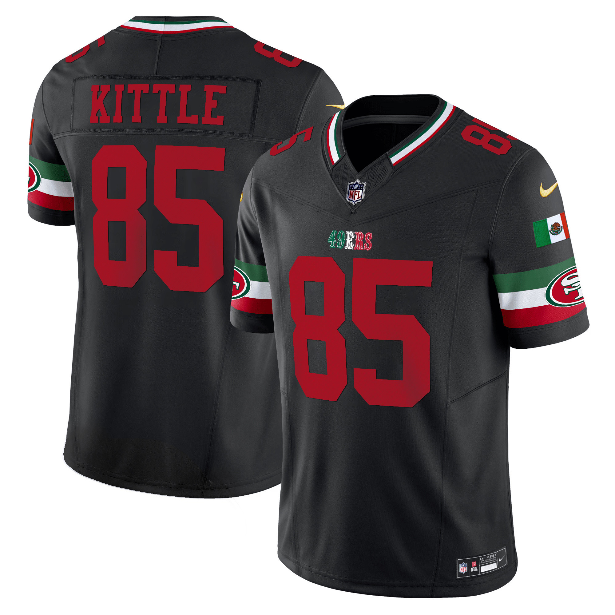 Youth's George Kittle San Francisco 49ers Mexico Vapor Black Jersey V2 - All Stitched