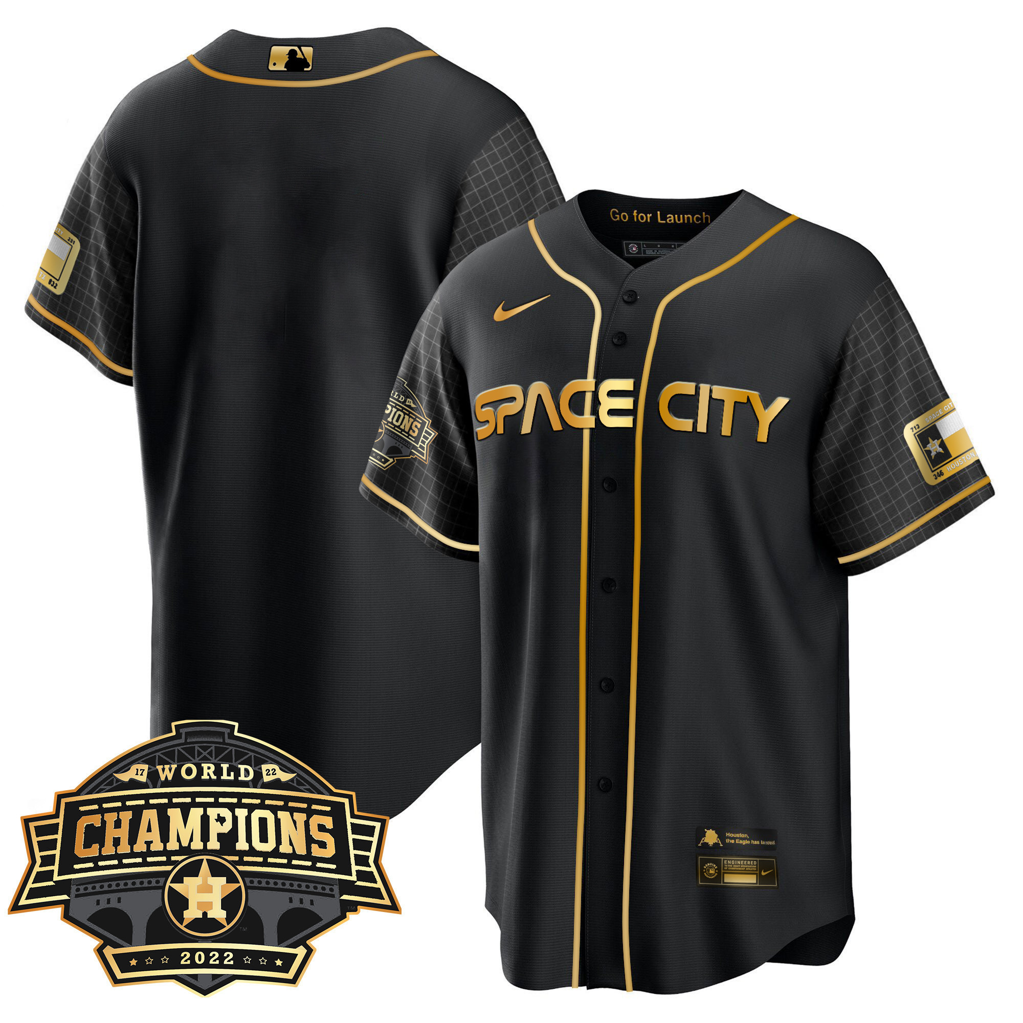 Youth's Houston Astros Space City 2022 World Series Champions Patch Limited Cool Black Jersey ñ All Stitched