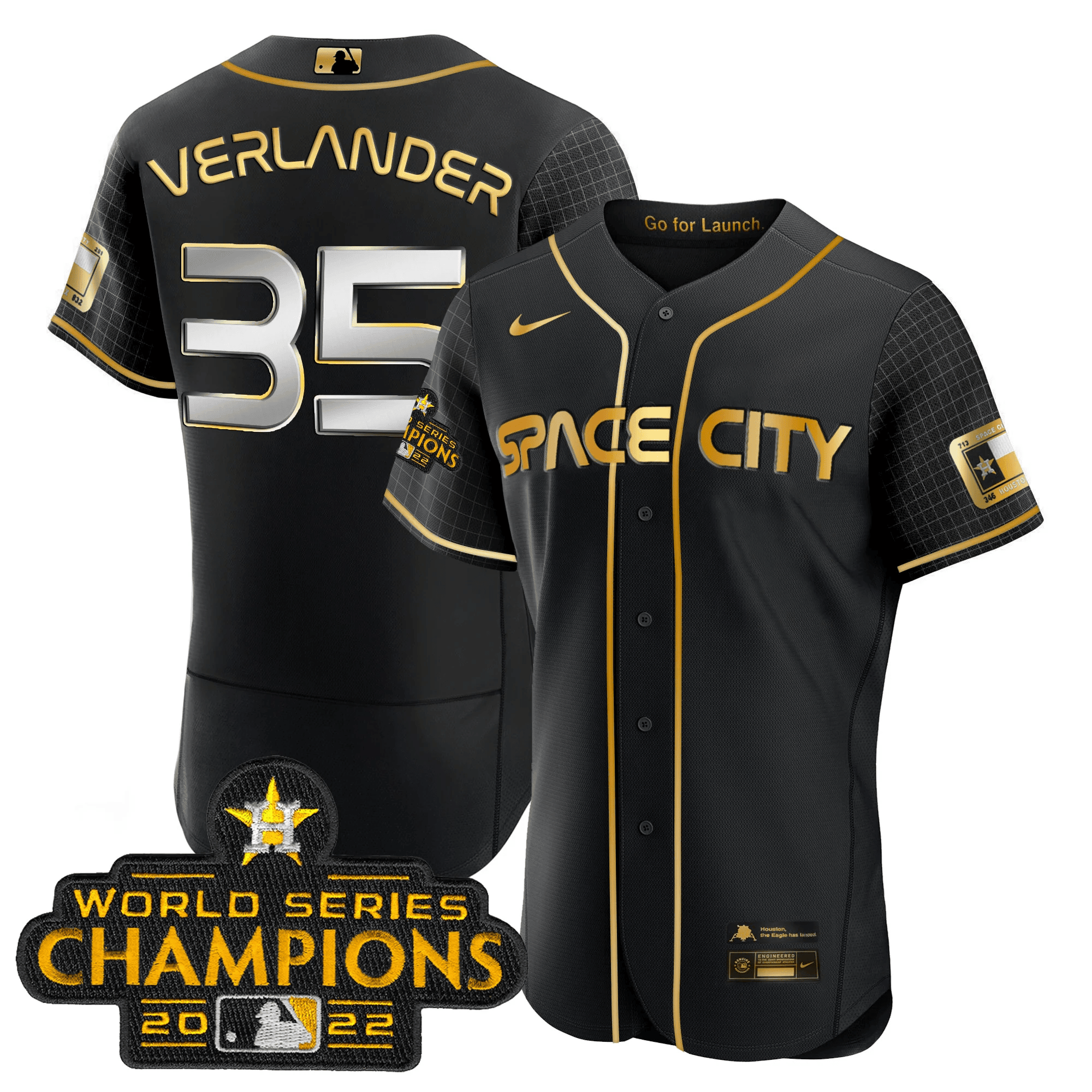 Youth's Justin Verlander Houston Astros 2023 Space City Champions Flex Black Gold Jersey ñ All Stitched