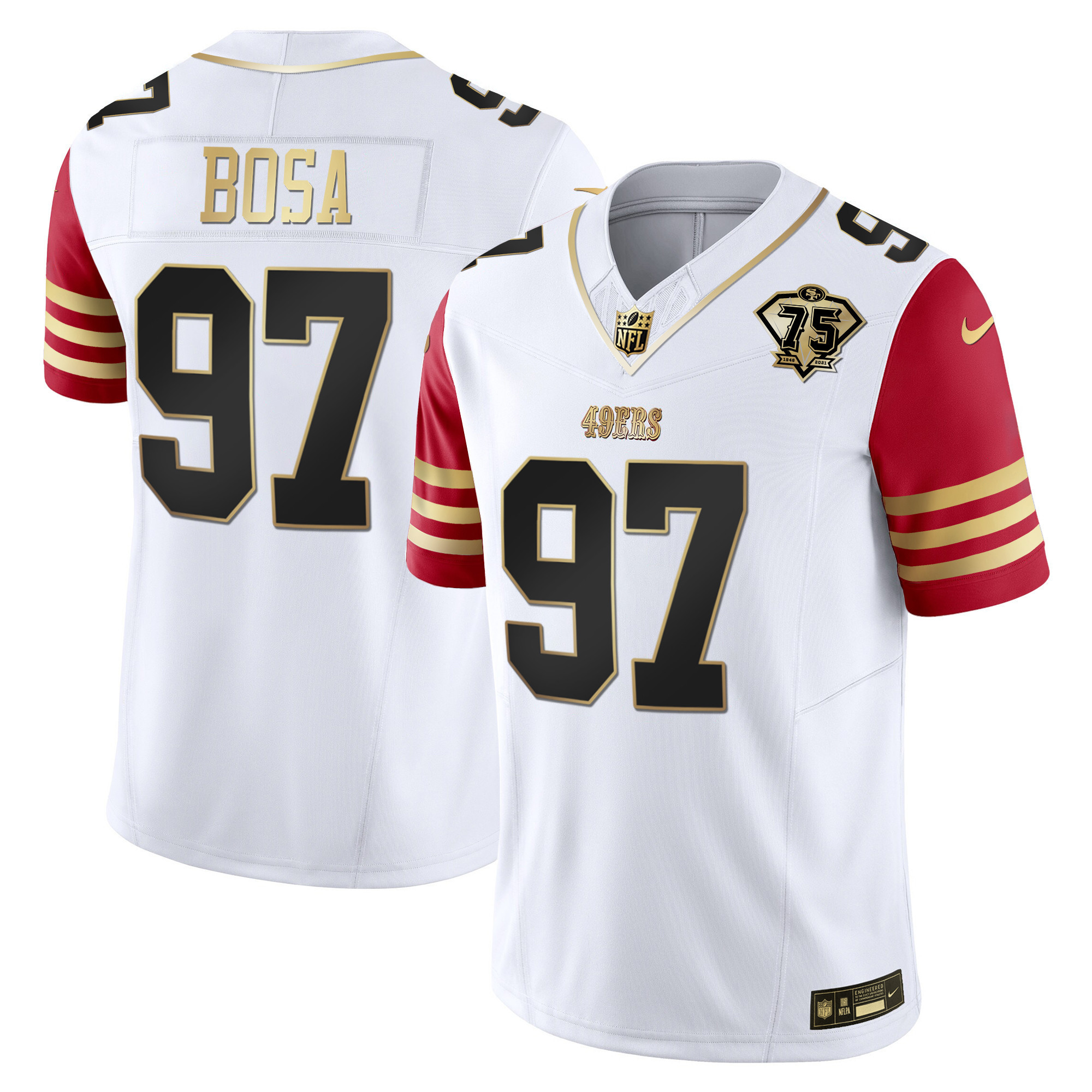 Youth's Nick Bosa San Francisco 49ers 2023 Vapor Gold Limited Scarlet Sleeves Jersey - All Stitched