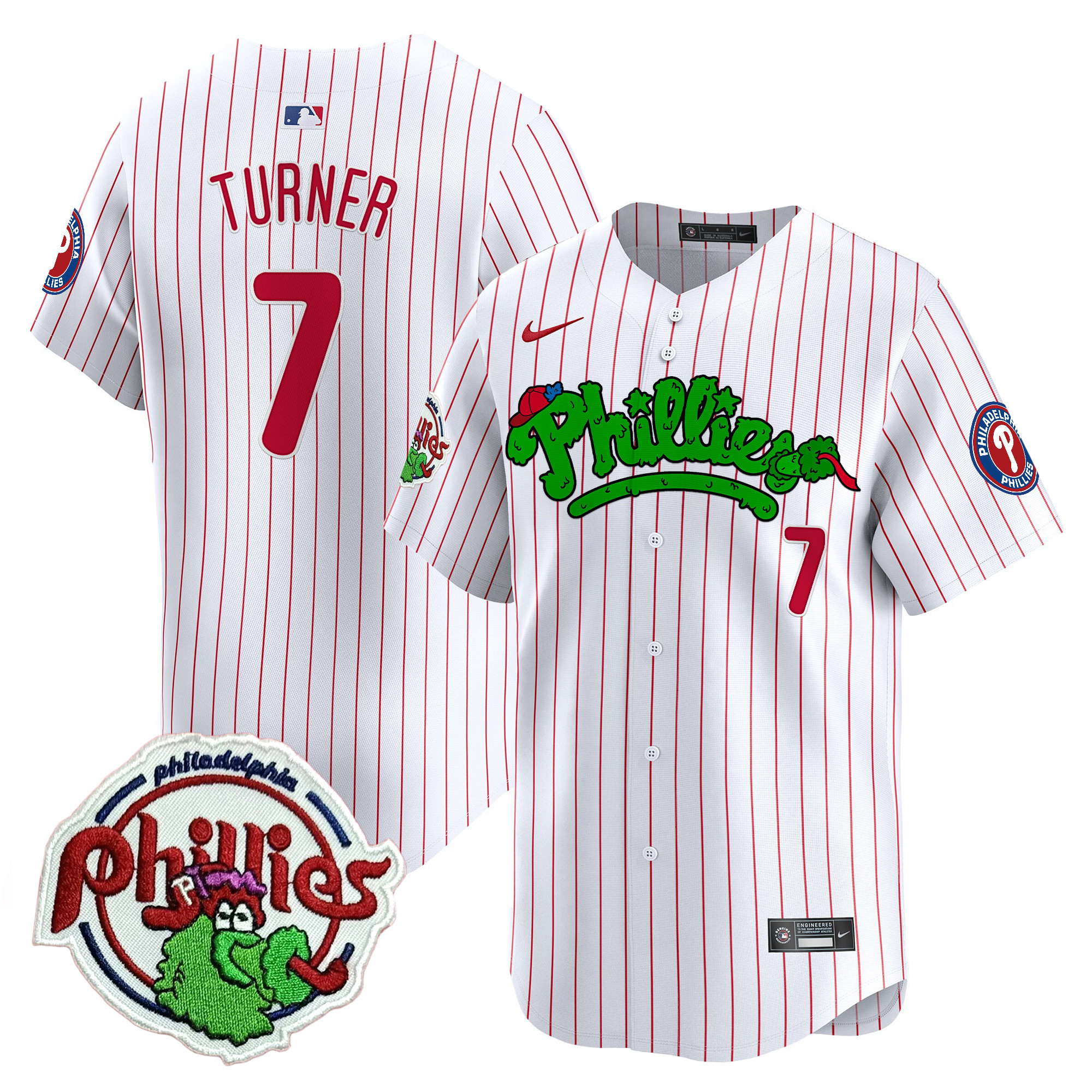 Youth's Trea Turner Philadelphia Phillies Phanatic Patch Vapor Premier Limited White Pinstripe Jersey V2 - All Stitched
