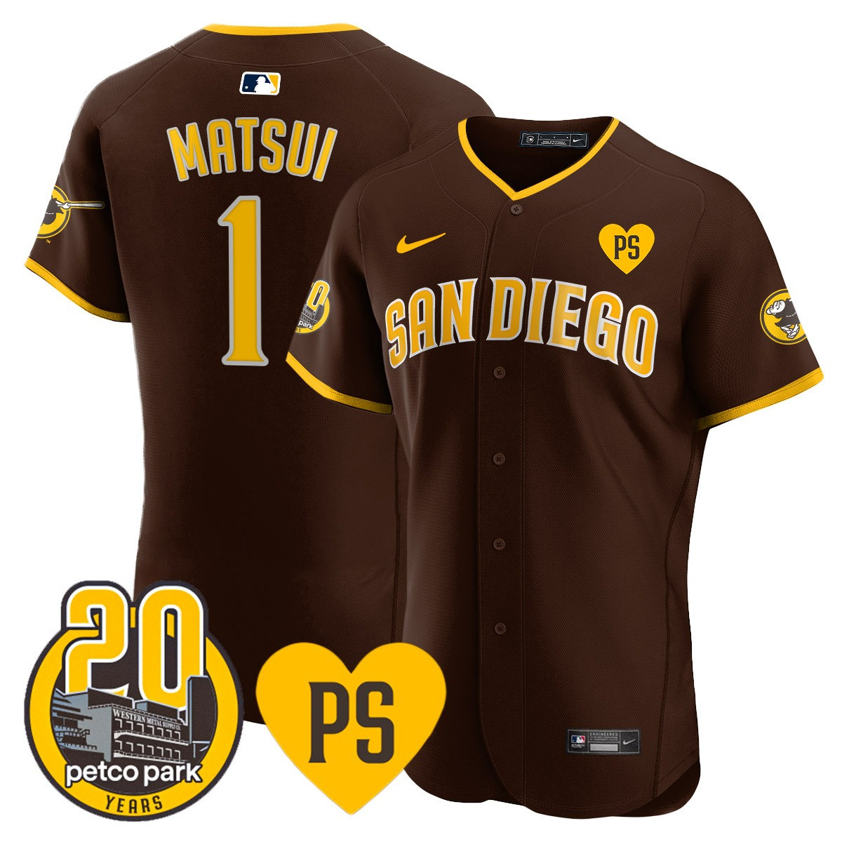 Yuki Matsui Men's San Diego Padres "For Peter" & Petco Park 20th Patch Vapor Premier Elite Brown Jersey - All Stitched