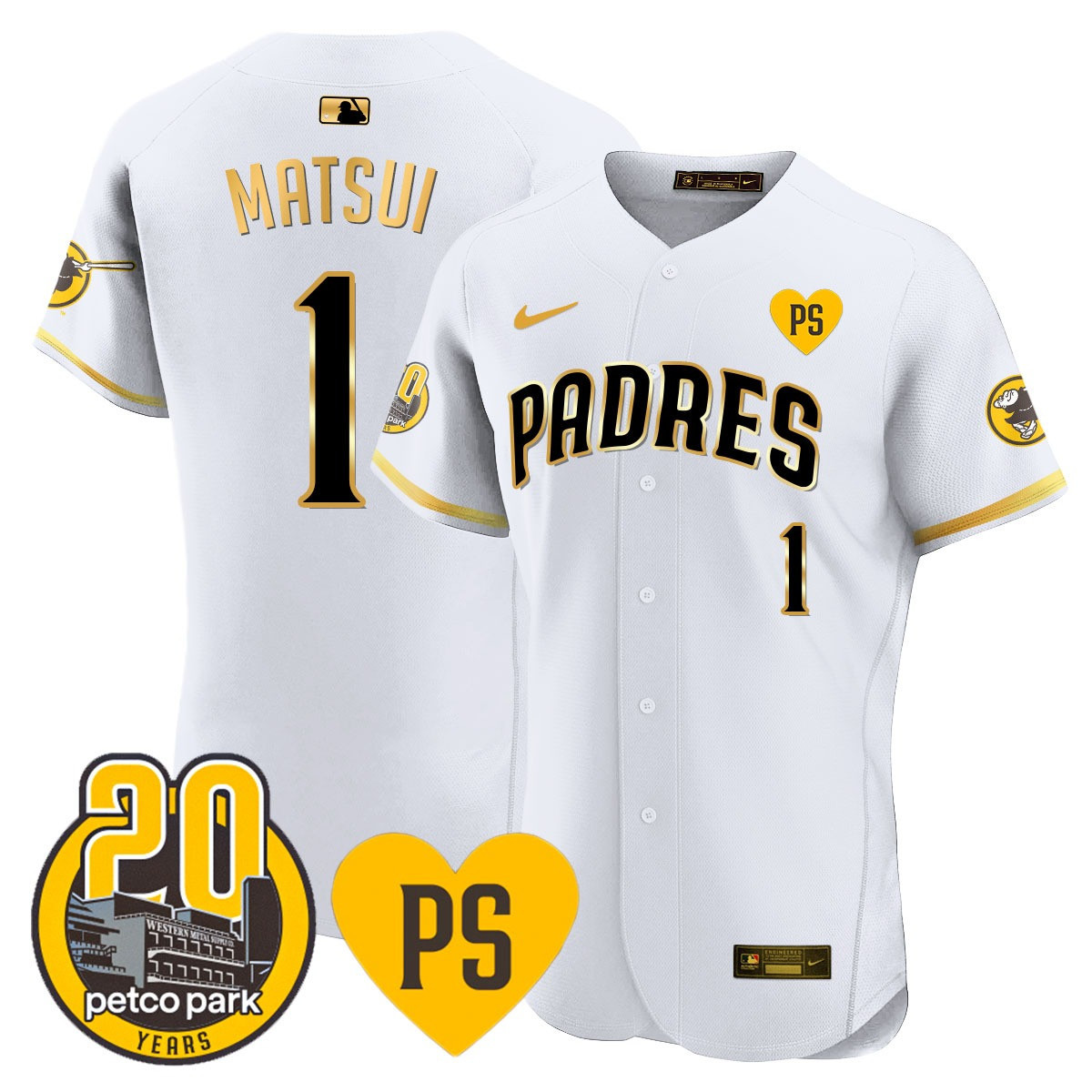 Yuki Matsui Men's San Diego Padres "For Peter" & Petco Park 20th Patch Vapor Premier Elite White Gold Jersey - All Stitched