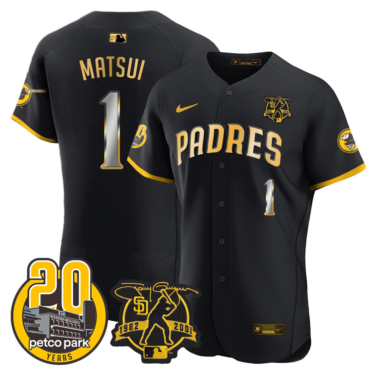Yuki Matsui Men's San Diego Padres Tony Gwynn & Petco Park 20th Patch Vapor Premier Elite Black Gold Jersey - All Stitched