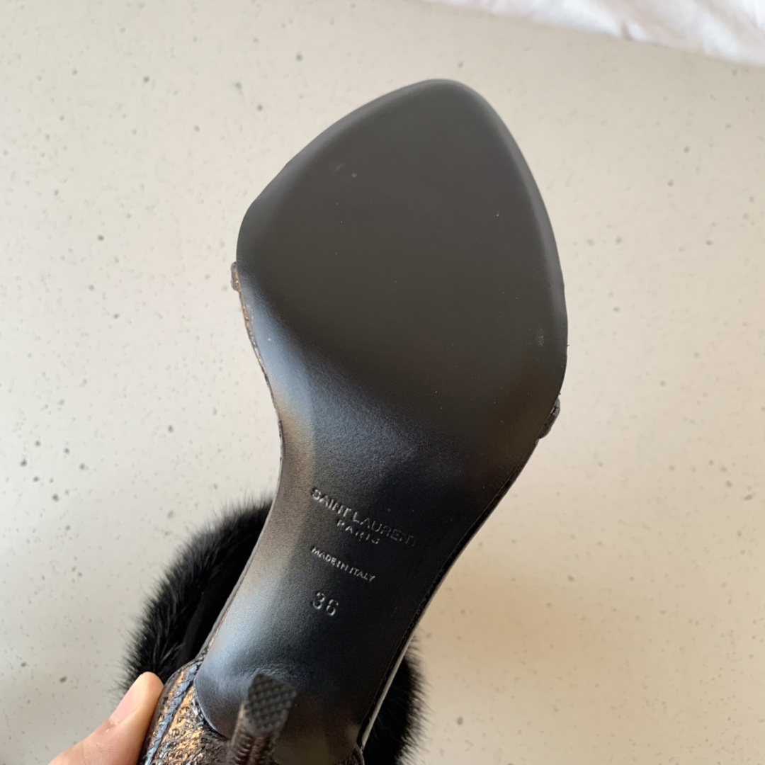 Yves Saint Laurent 110mm Faux Fur Ankle-Cuff Sandals Black For Women