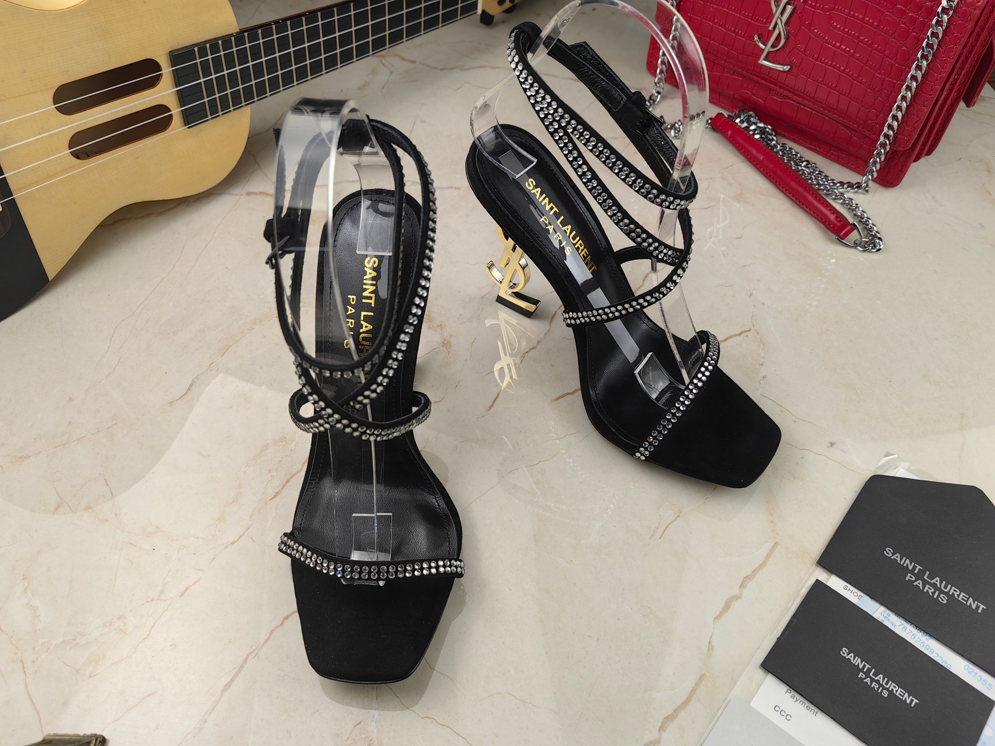 Yves Saint Laurent Opyum Sandals In Crepe Satin And Rhinestones Black For Women