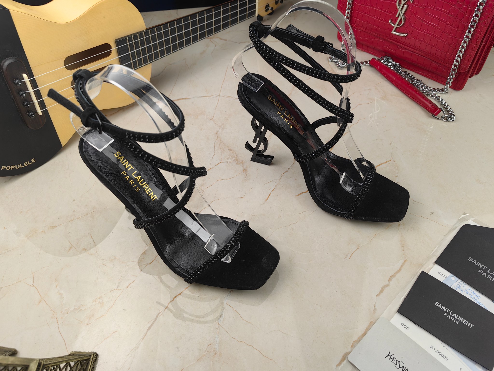Yves Saint Laurent Opyum Sandals In Crepe Satin And Rhinestones Black For Women 7323391UUAV1012