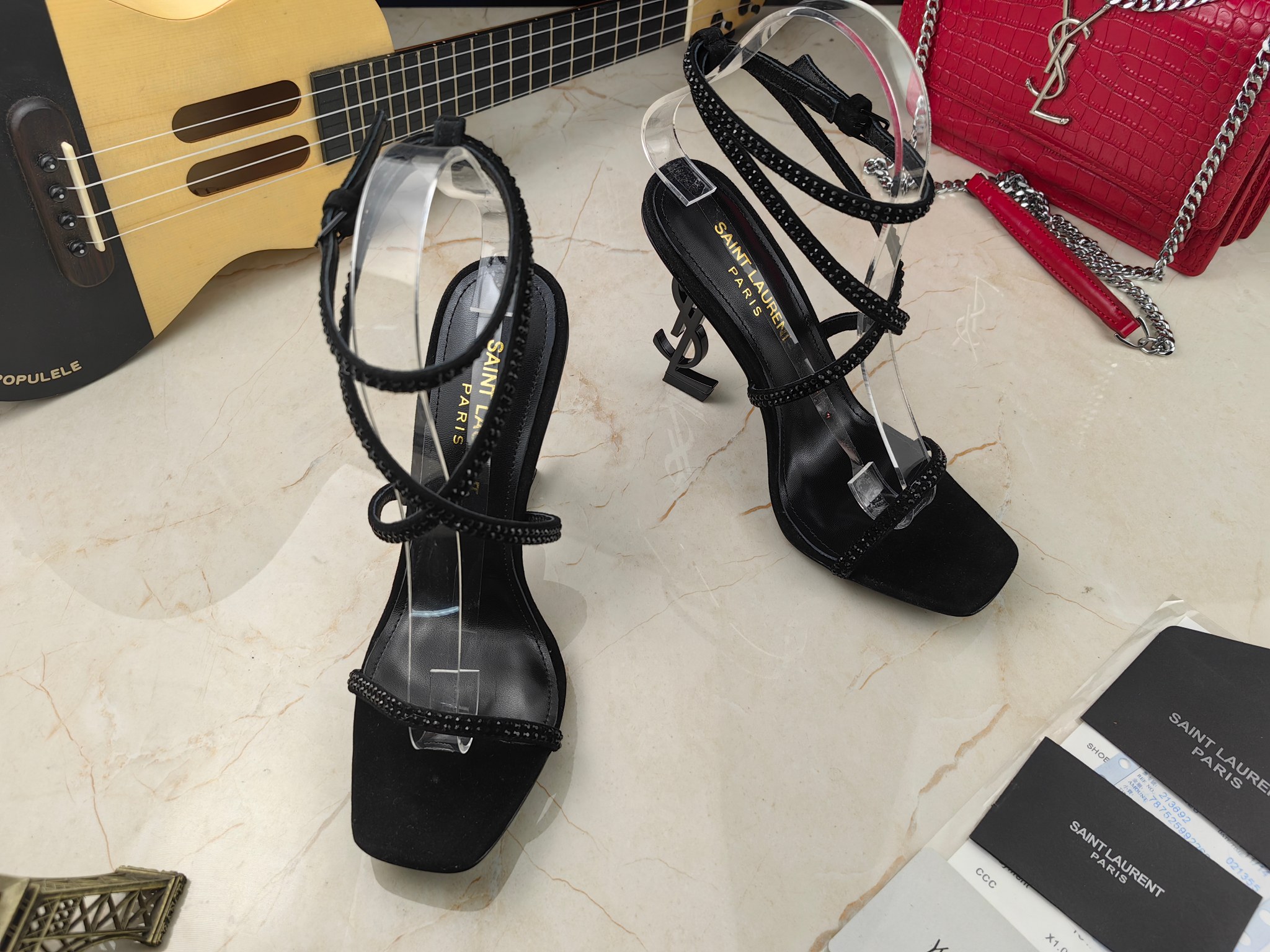 Yves Saint Laurent Opyum Sandals In Crepe Satin And Rhinestones Black For Women 7323391UUAV1012