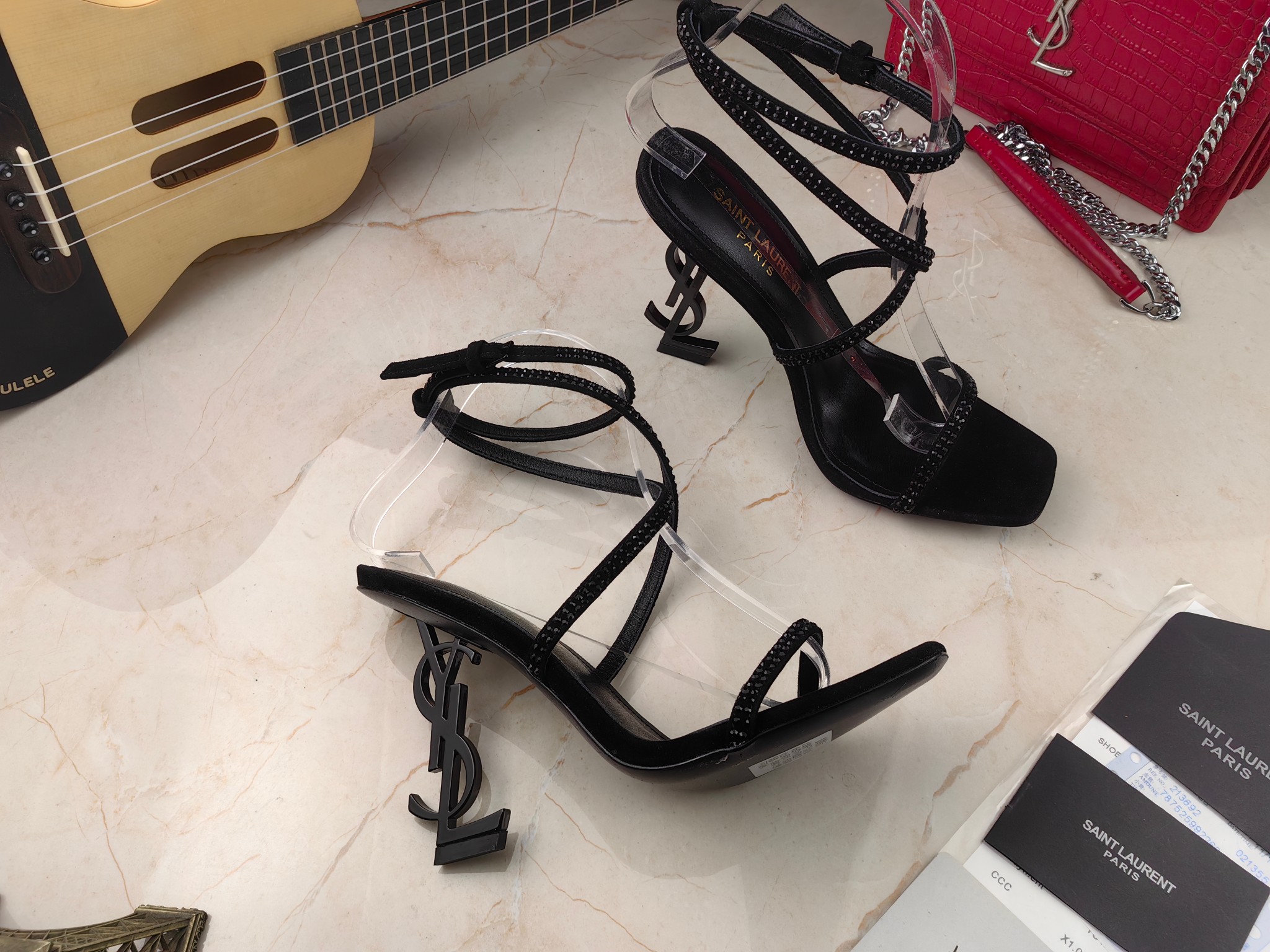 Yves Saint Laurent Opyum Sandals In Crepe Satin And Rhinestones Black For Women 7323391UUAV1012