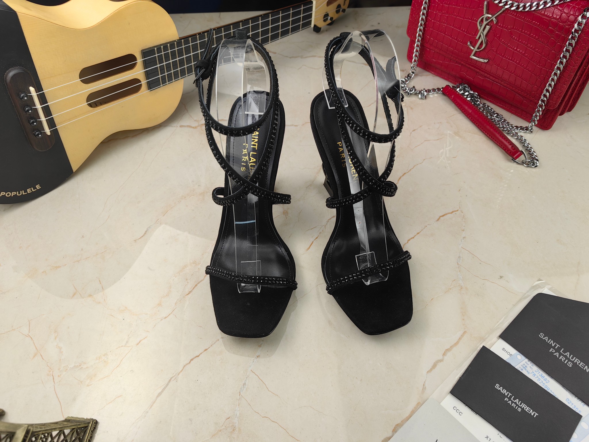 Yves Saint Laurent Opyum Sandals In Crepe Satin And Rhinestones Black For Women 7323391UUAV1012