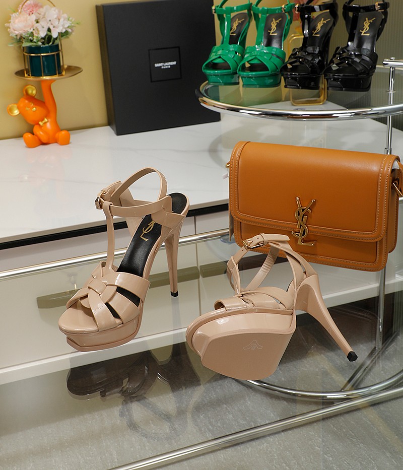 Yves Saint Laurent Tribute Platform Sandals In Patent Beige For Women