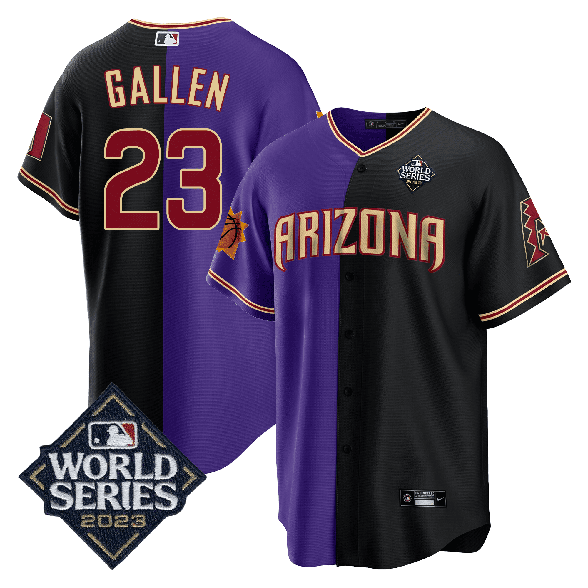 Zac Gallen Men's Split Arizona Dbacks - Suns 2023 World Series Patch Black - Purple Jersey - All Stitched