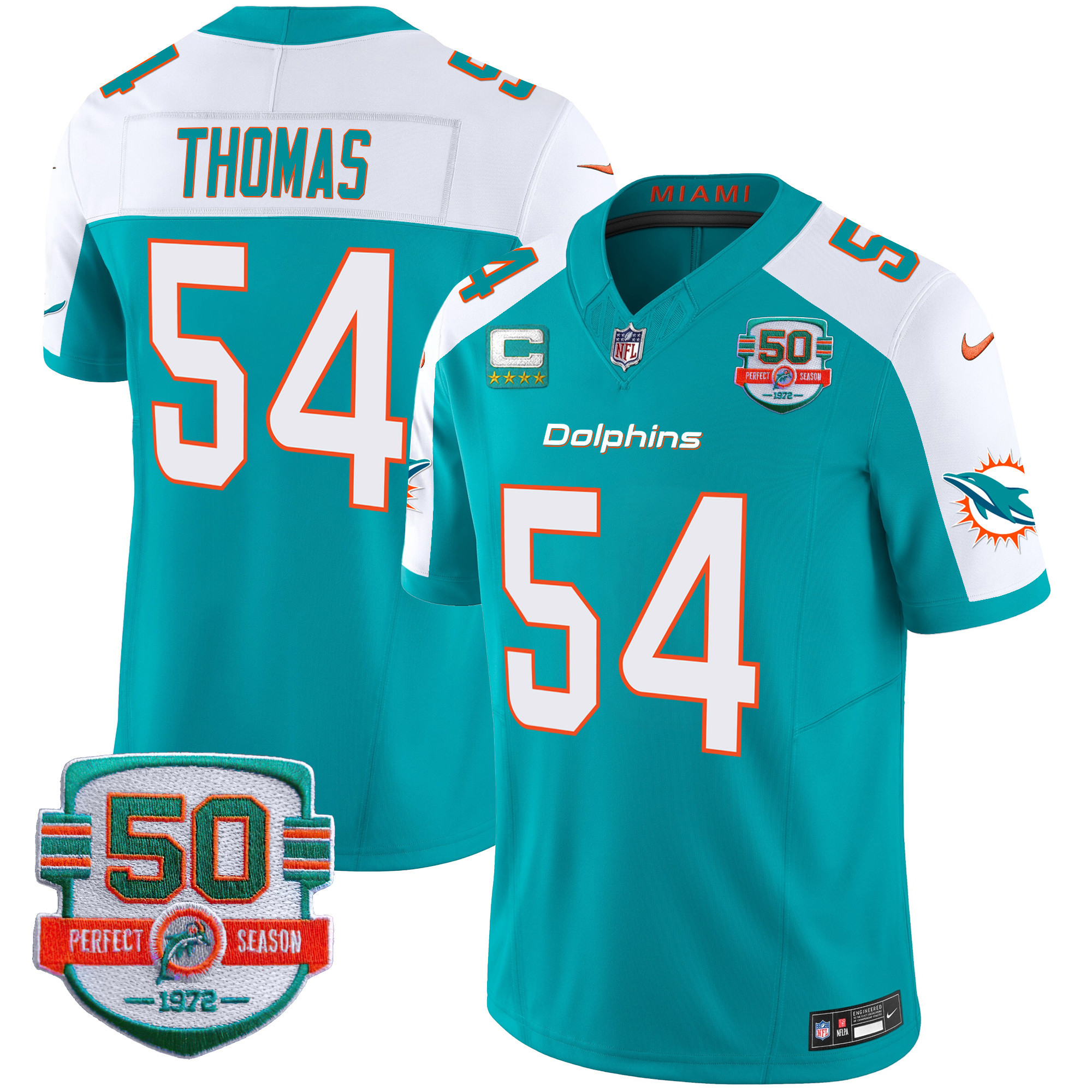 Zach Thomas Men's Miami Dolphins 50th 1972 Perfect Season Patch Vapor Aqua Alternate Jersey - All Stitched 