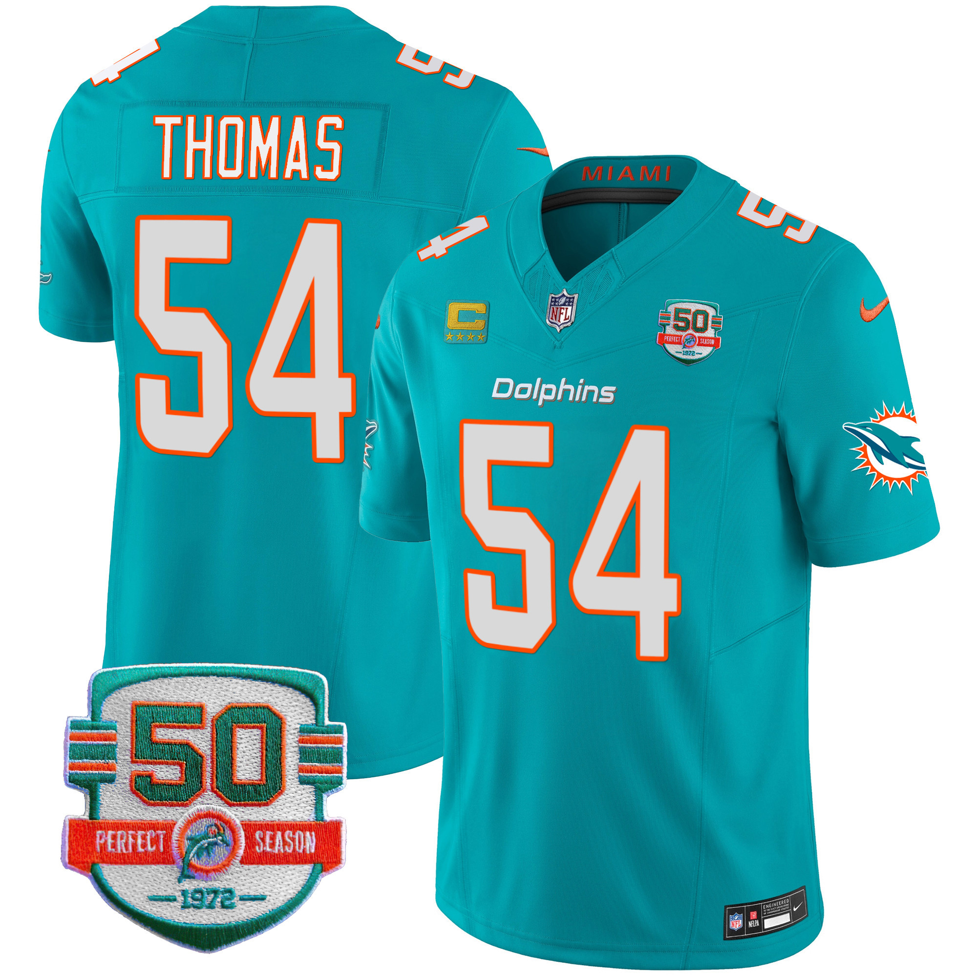Zach Thomas Men's Miami Dolphins 50th 1972 Perfect Season Patch Vapor Aqua Jersey - All Stitched 