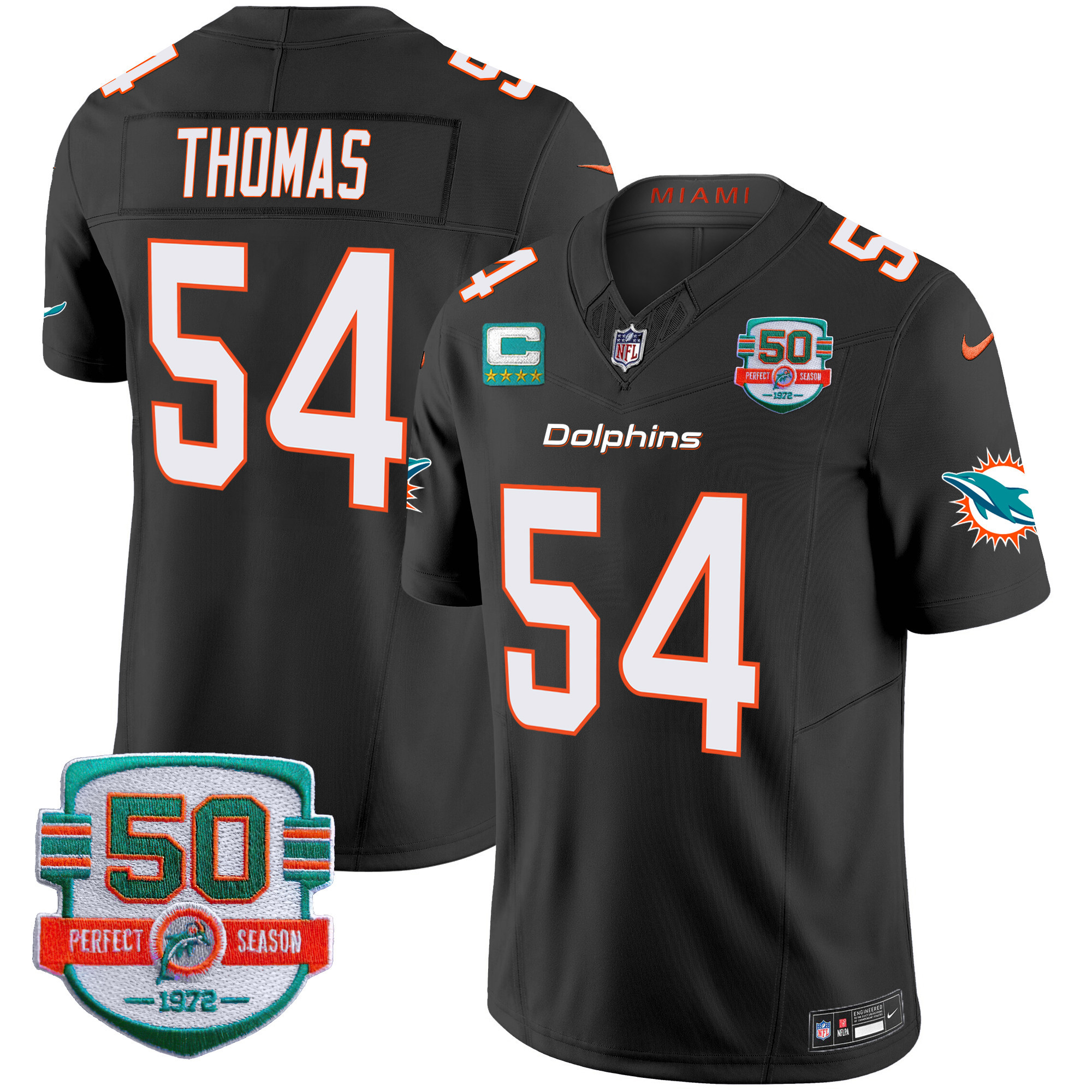 Zach Thomas Men's Miami Dolphins 50th 1972 Perfect Season Patch Vapor Black Jersey - All Stitched 
