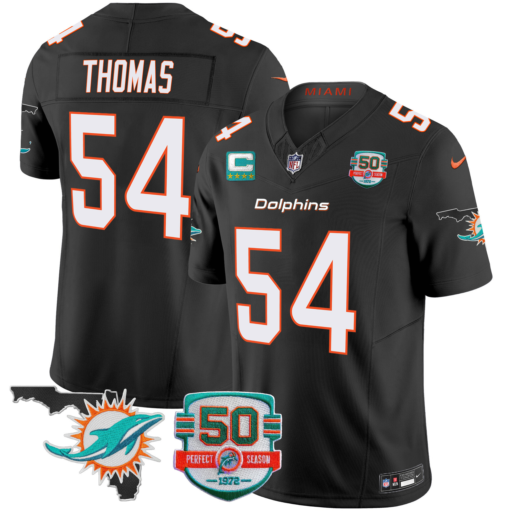 Zach Thomas Men's Miami Dolphins 50th Perfect Season & Florida Patch Vapor Black Jersey - All Stitched 