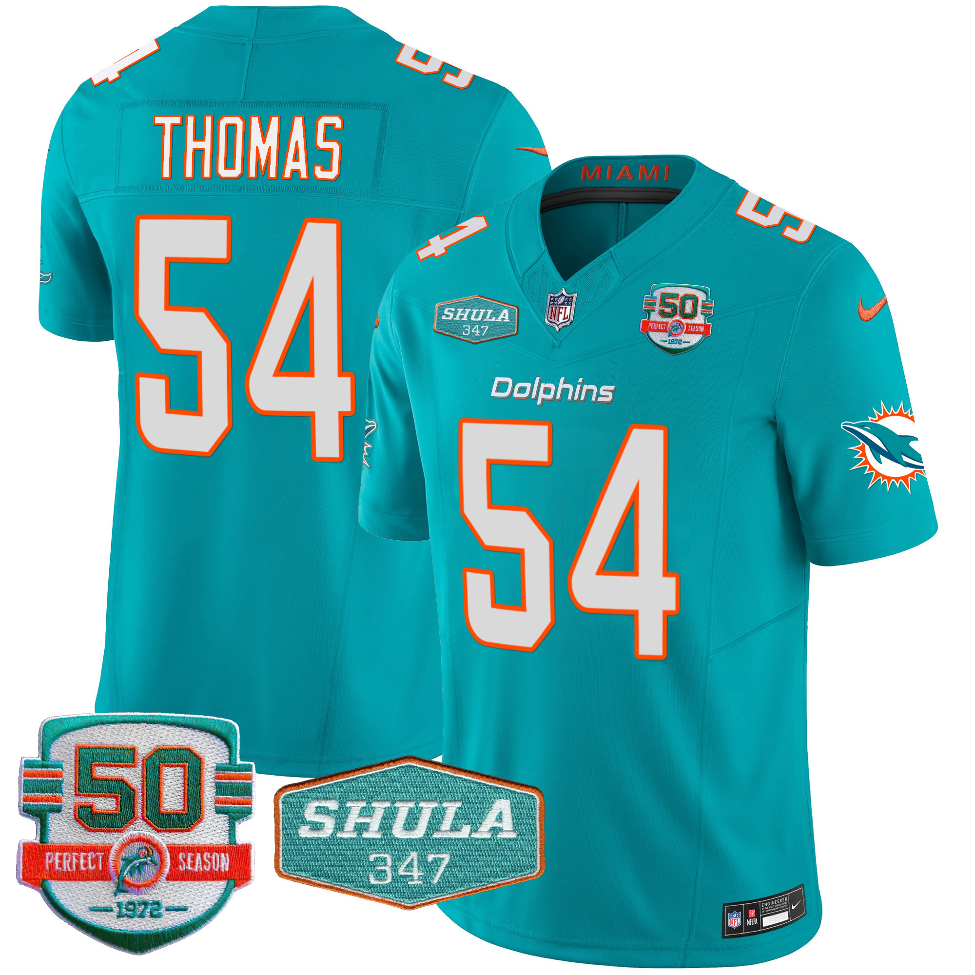 Zach Thomas Men's Miami Dolphins Shula 347 Patch Vapor Aqua Jersey - All Stitched 