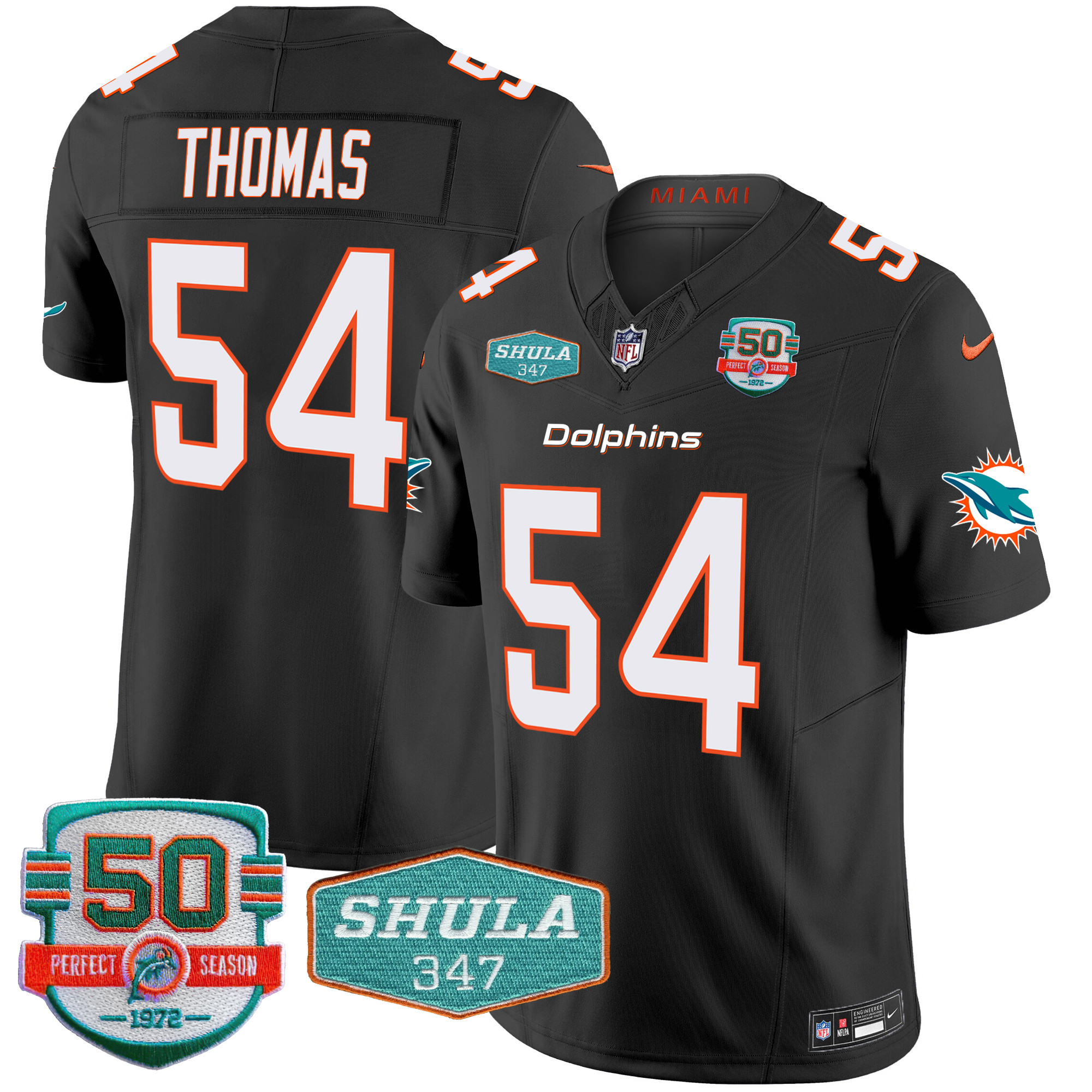 Zach Thomas Men's Miami Dolphins Shula 347 Patch Vapor Black Jersey - All Stitched 