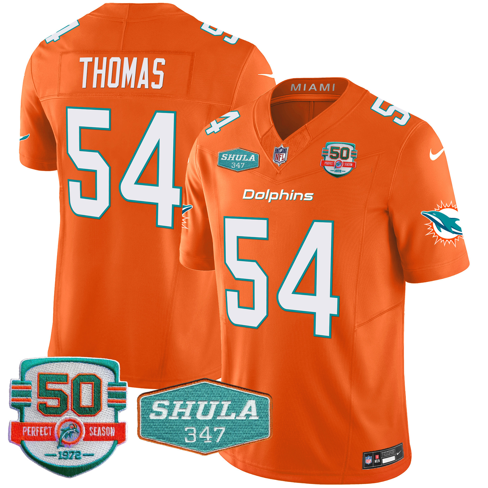 Zach Thomas Men's Miami Dolphins Shula 347 Patch Vapor Orange Jersey - All Stitched 