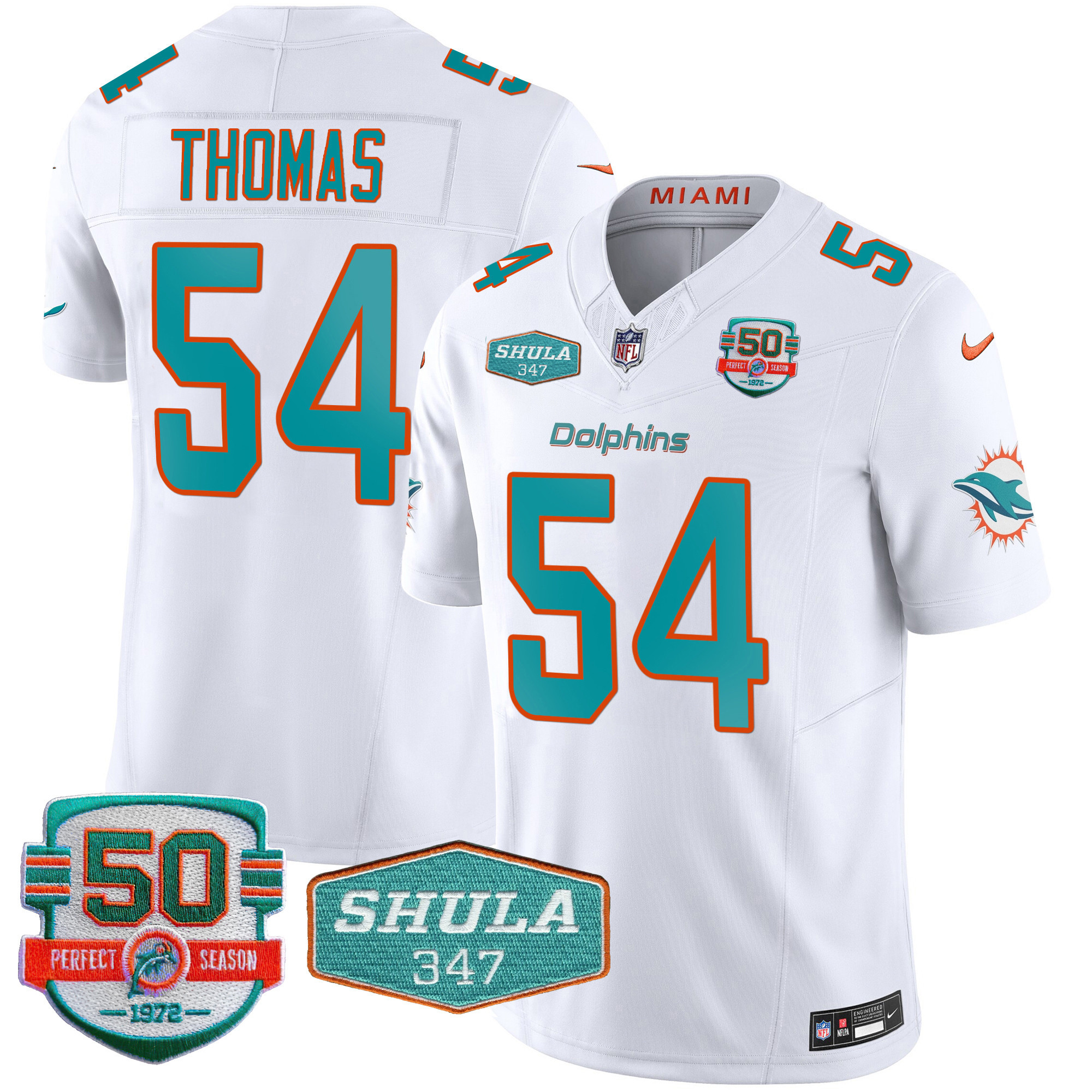 Zach Thomas Men's Miami Dolphins Shula 347 Patch Vapor White Jersey - All Stitched 