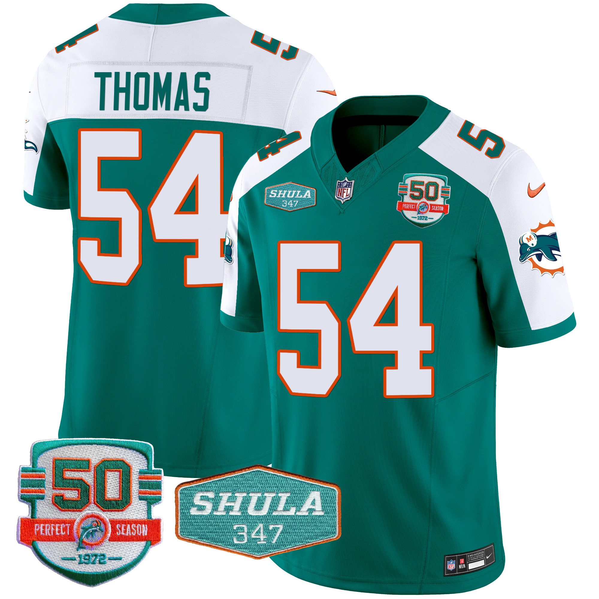 Zach Thomas Men's Miami Dolphins Throwback Shula 347 Patch Vapor Aqua Alternate Jersey - All Stitched 