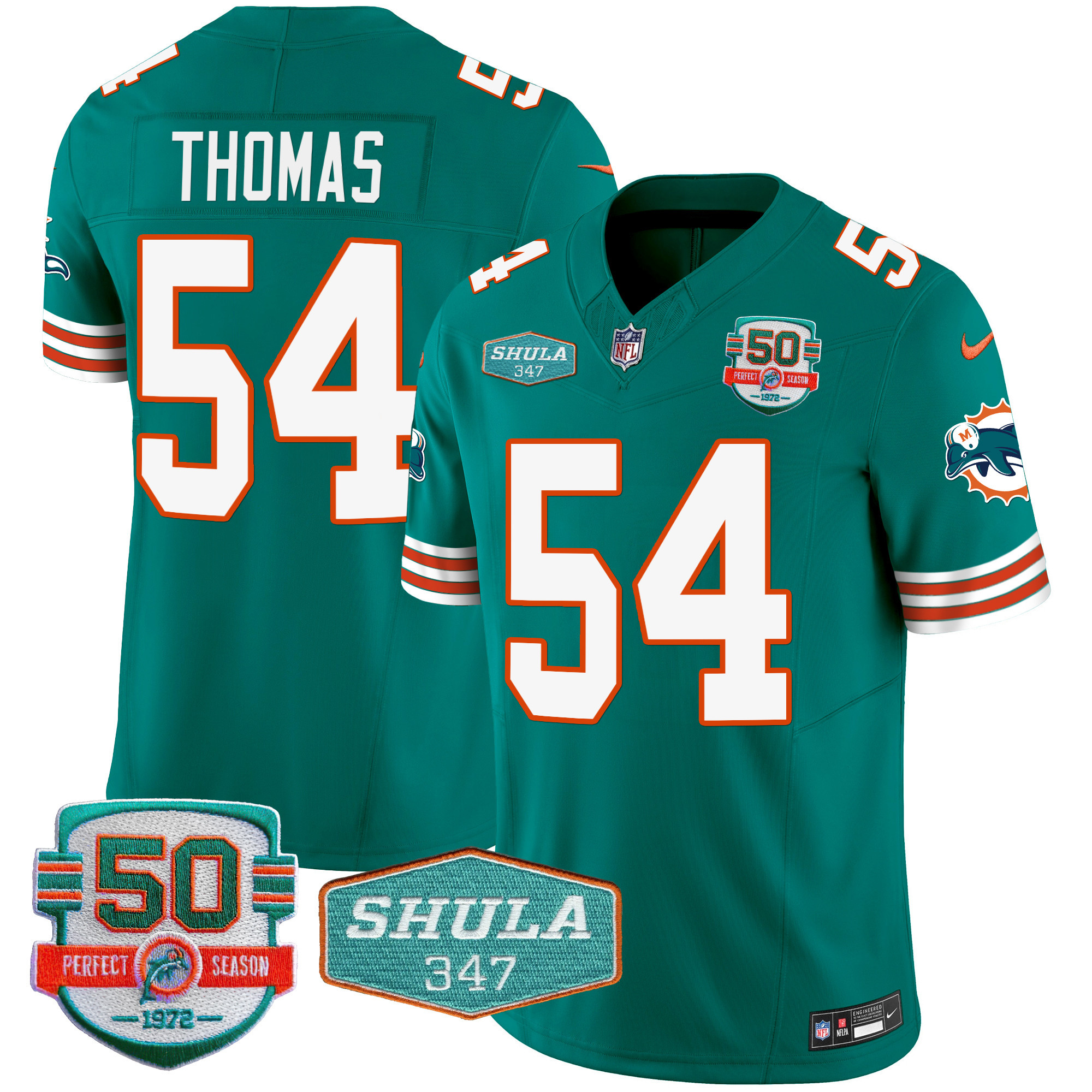 Zach Thomas Men's Miami Dolphins Throwback Shula 347 Patch Vapor Aqua Jersey - All Stitched 