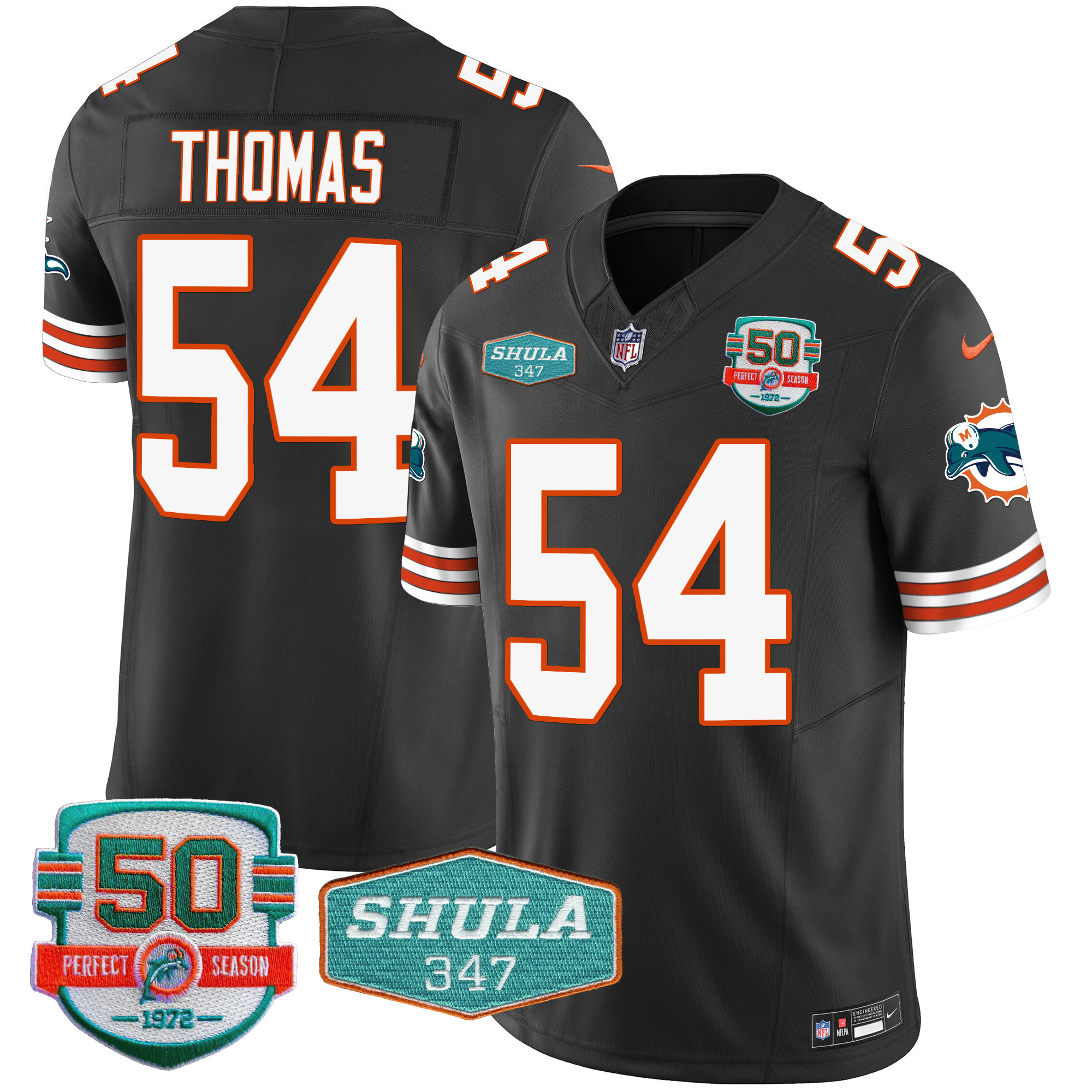 Zach Thomas Men's Miami Dolphins Throwback Shula 347 Patch Vapor Black Jersey - All Stitched 