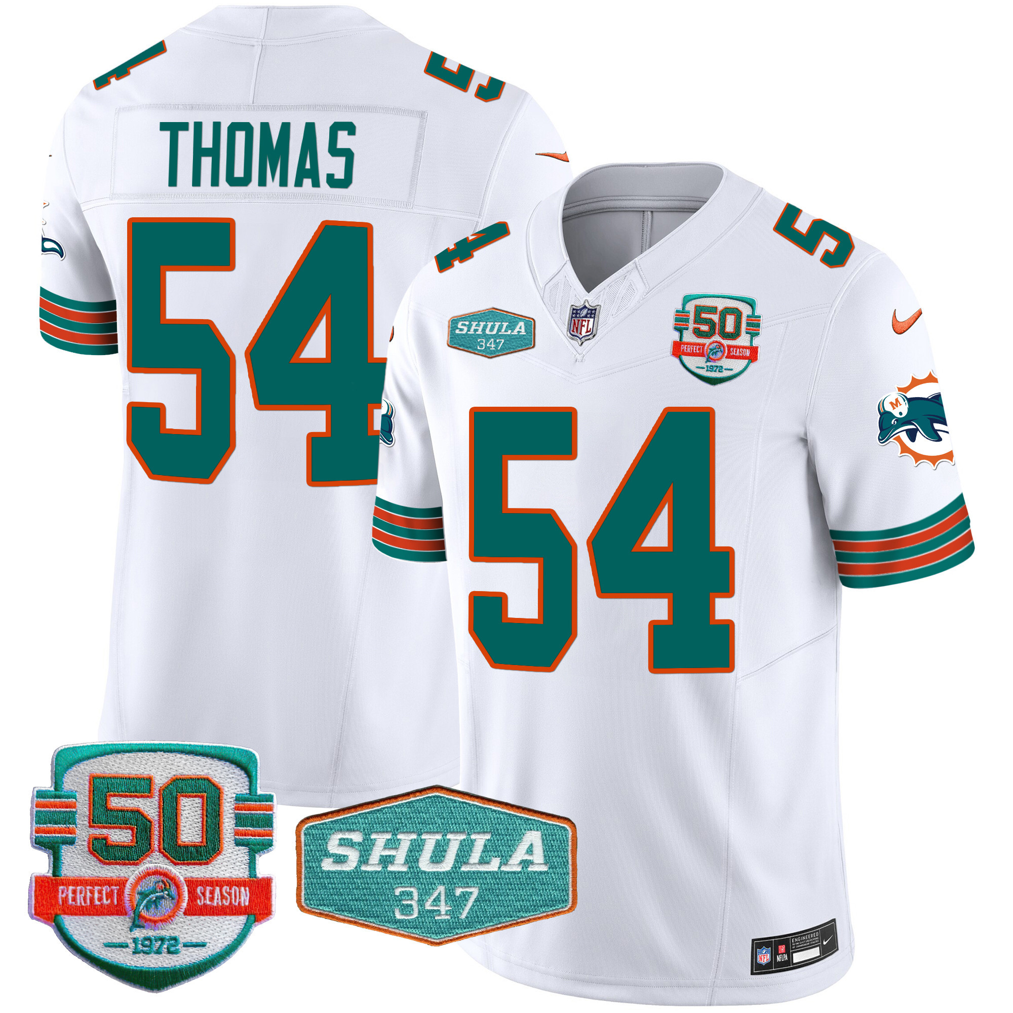 Zach Thomas Men's Miami Dolphins Throwback Shula 347 Patch Vapor White Jersey - All Stitched 