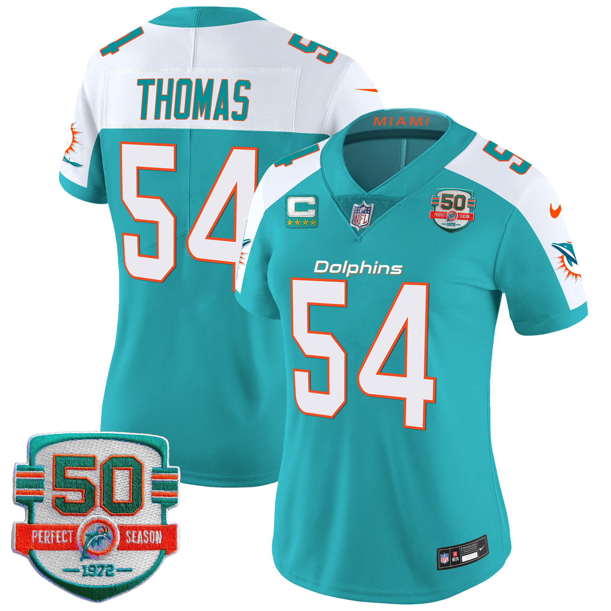 Zach Thomas Women's Miami Dolphins 50th 1972 Perfect Season Patch Vapor Aqua Alternate Jersey - All Stitched 