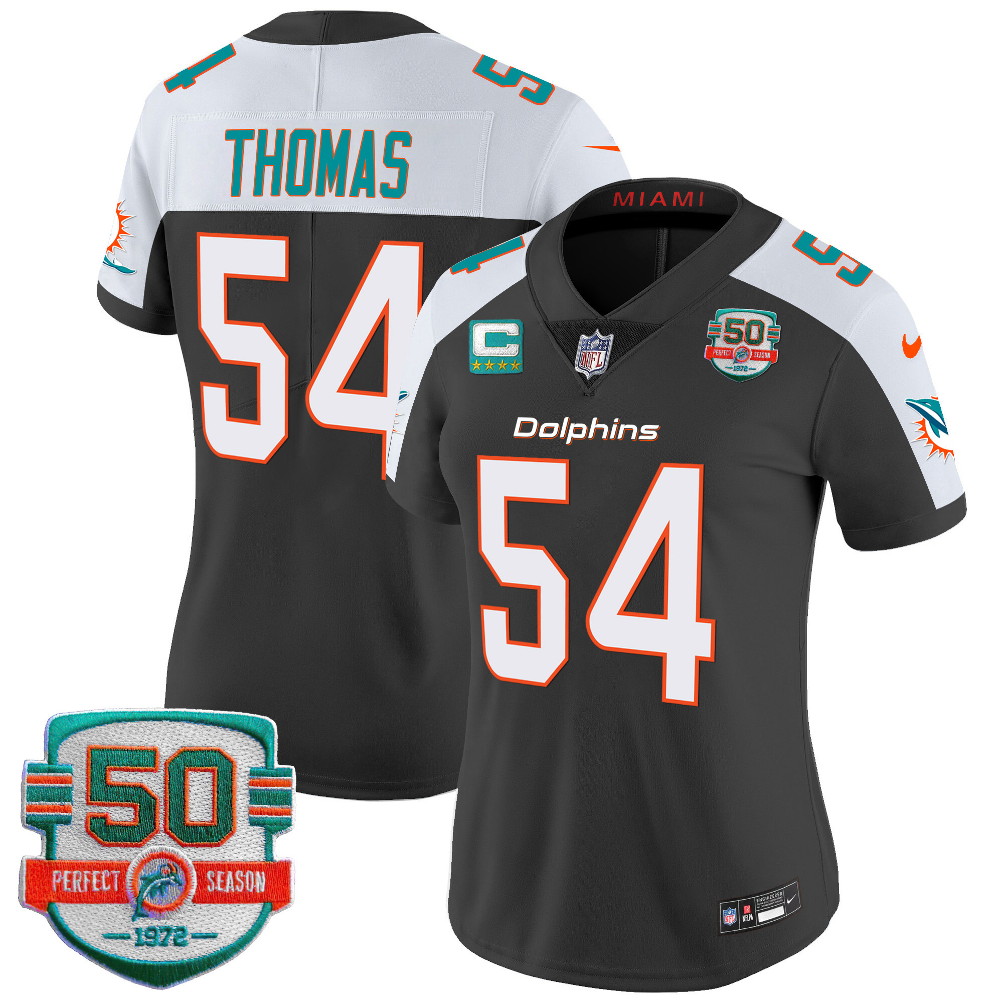 Zach Thomas Women's Miami Dolphins 50th 1972 Perfect Season Patch Vapor Black Alternate Jersey - All Stitched 