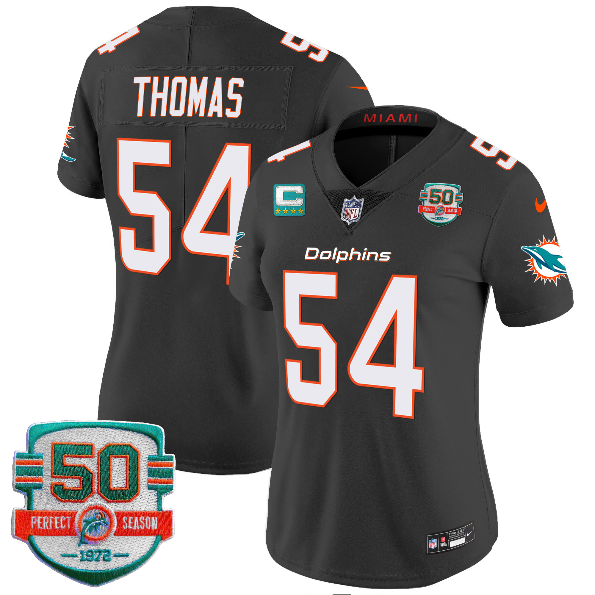 Zach Thomas Women's Miami Dolphins 50th 1972 Perfect Season Patch Vapor Black Jersey - All Stitched 