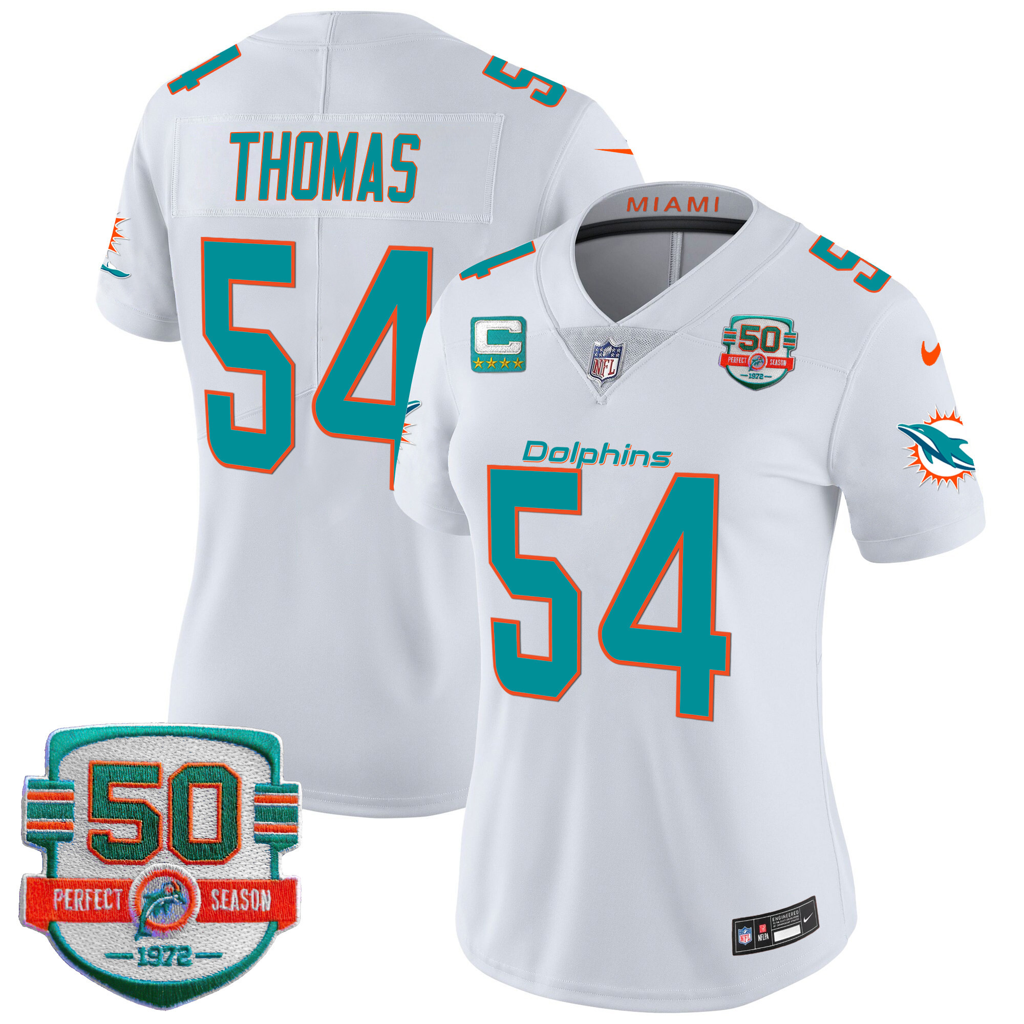 Zach Thomas Women's Miami Dolphins 50th 1972 Perfect Season Patch Vapor White Jersey - All Stitched 