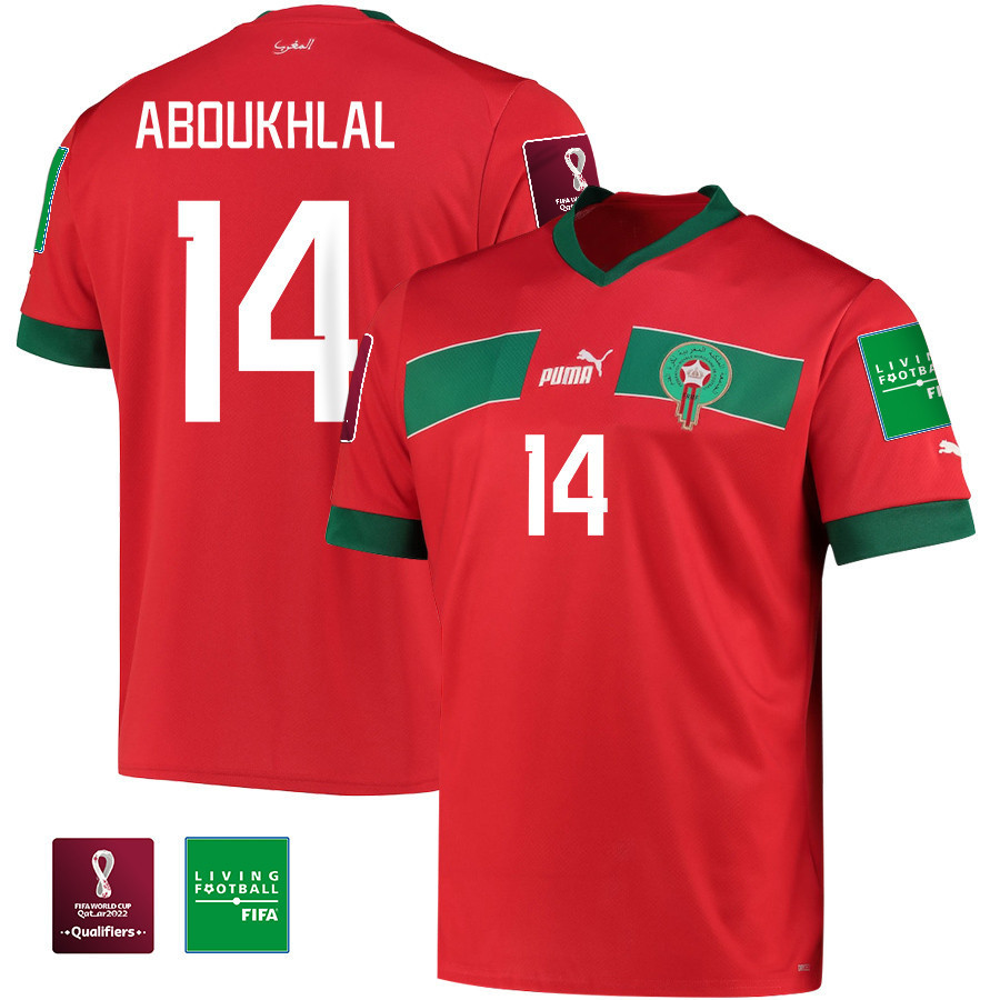 Zakaria Aboukhlal 14 Morocco National Team FIFA World Cup Qatar 2022 Patch Home Jersey, Men