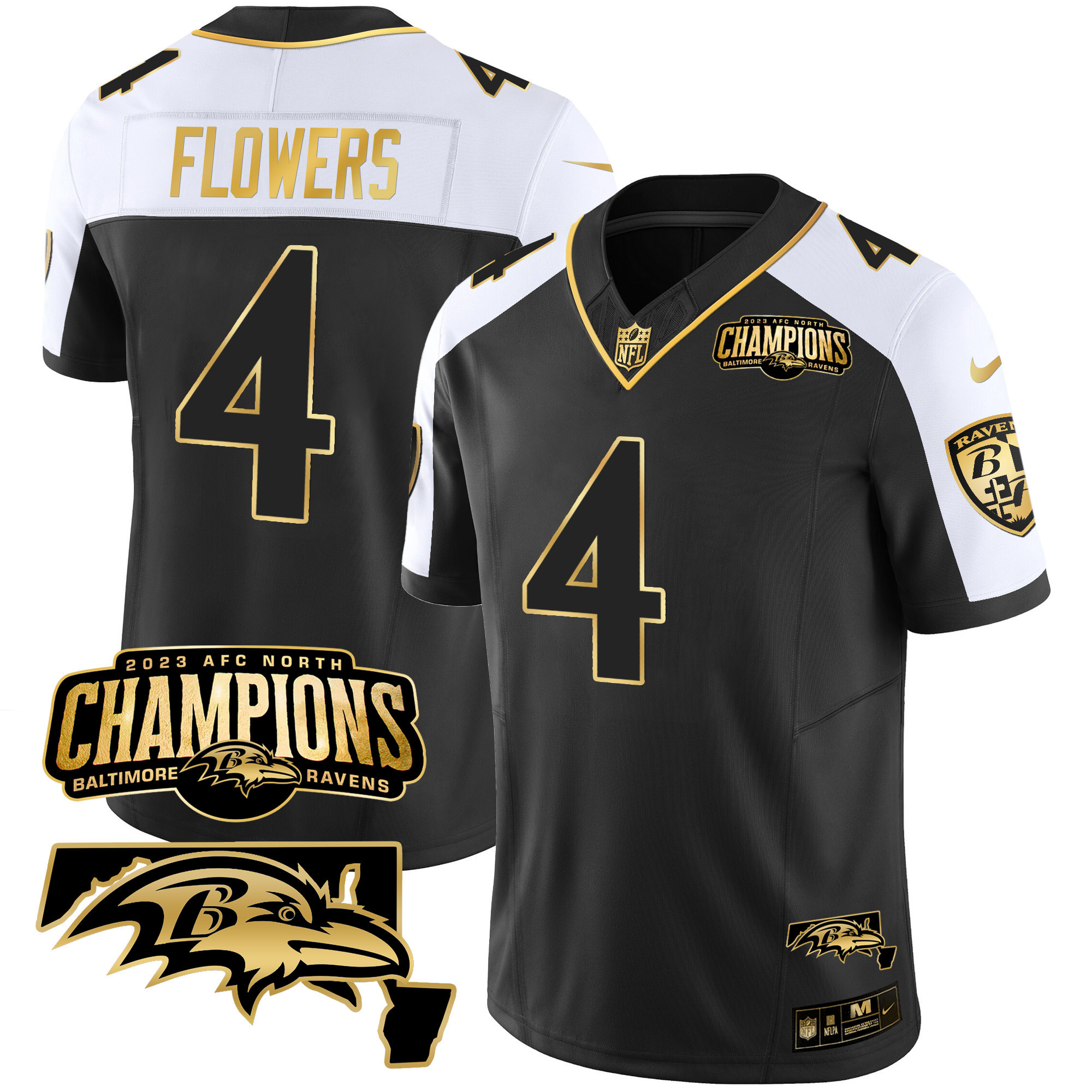 Zay Flowers Men's Baltimore Ravens 2023 Afc North Champions Maryland Patch Gold Vapor Alternate Jersey All Stitched