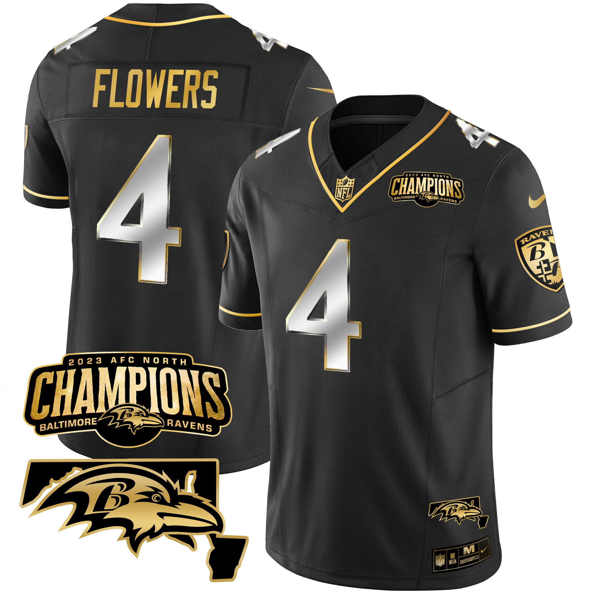 Zay Flowers Men's Baltimore Ravens 2023 Afc North Champions Maryland Patch Gold Vapor Black Limited Jersey All Stitched