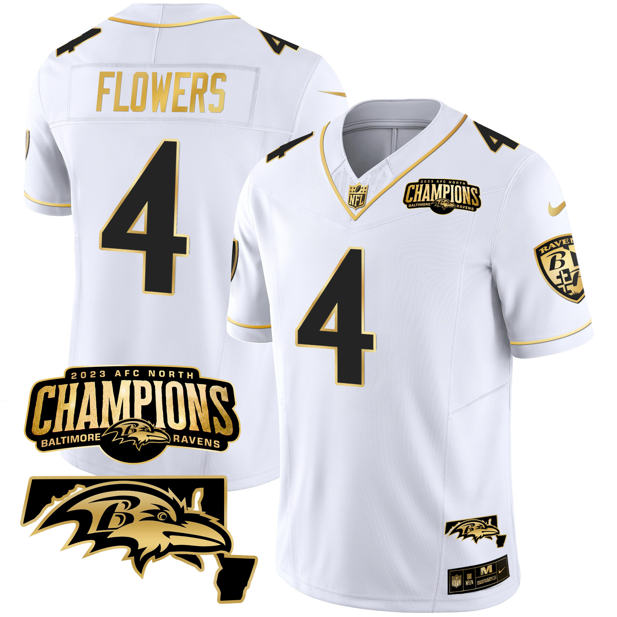 Zay Flowers Men's Baltimore Ravens 2023 Afc North Champions Maryland Patch Gold Vapor White Gold Jersey All Stitched