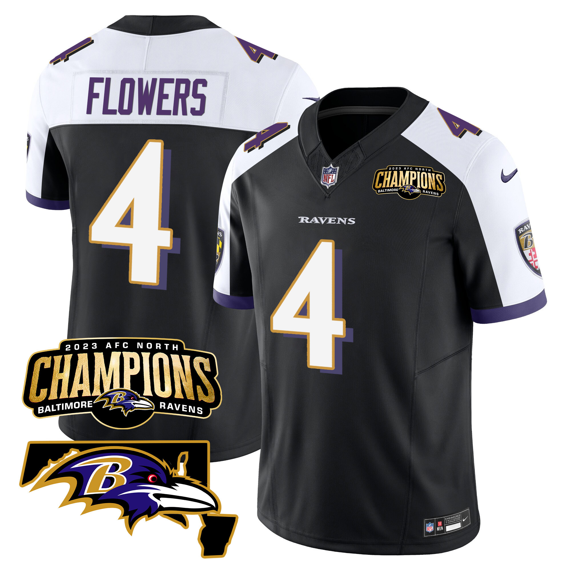 Zay Flowers Men's Baltimore Ravens 2023 Afc North Champions Maryland Patch Vapor Black Alternate Jersey All Stitched