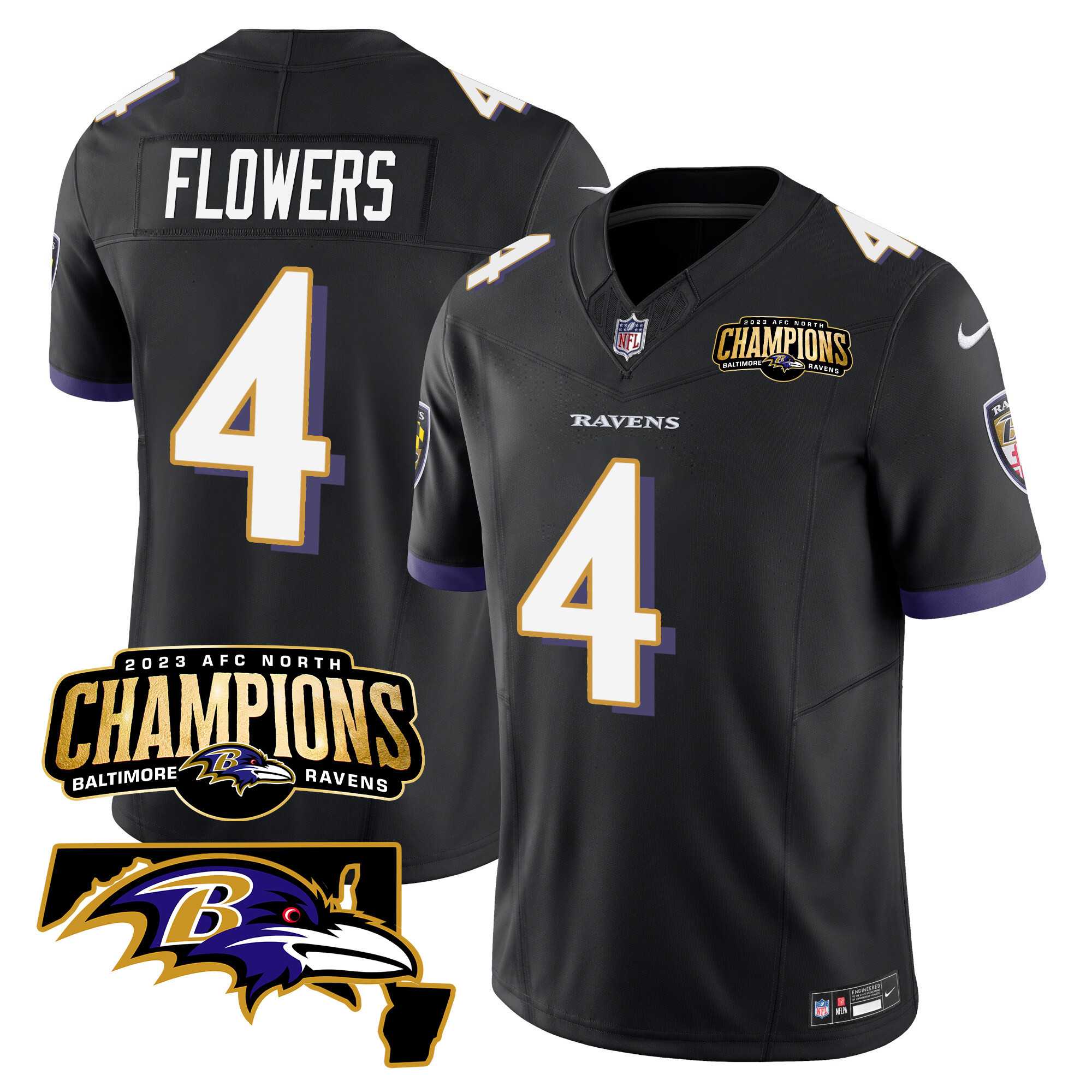 Zay Flowers Men's Baltimore Ravens 2023 Afc North Champions Maryland Patch Vapor Black Jersey All Stitched