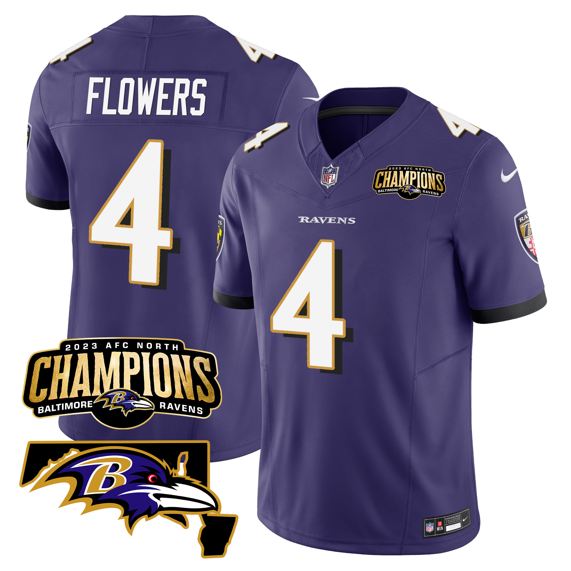 Zay Flowers Men's Baltimore Ravens 2023 Afc North Champions Maryland Patch Vapor Purple Jersey All Stitched