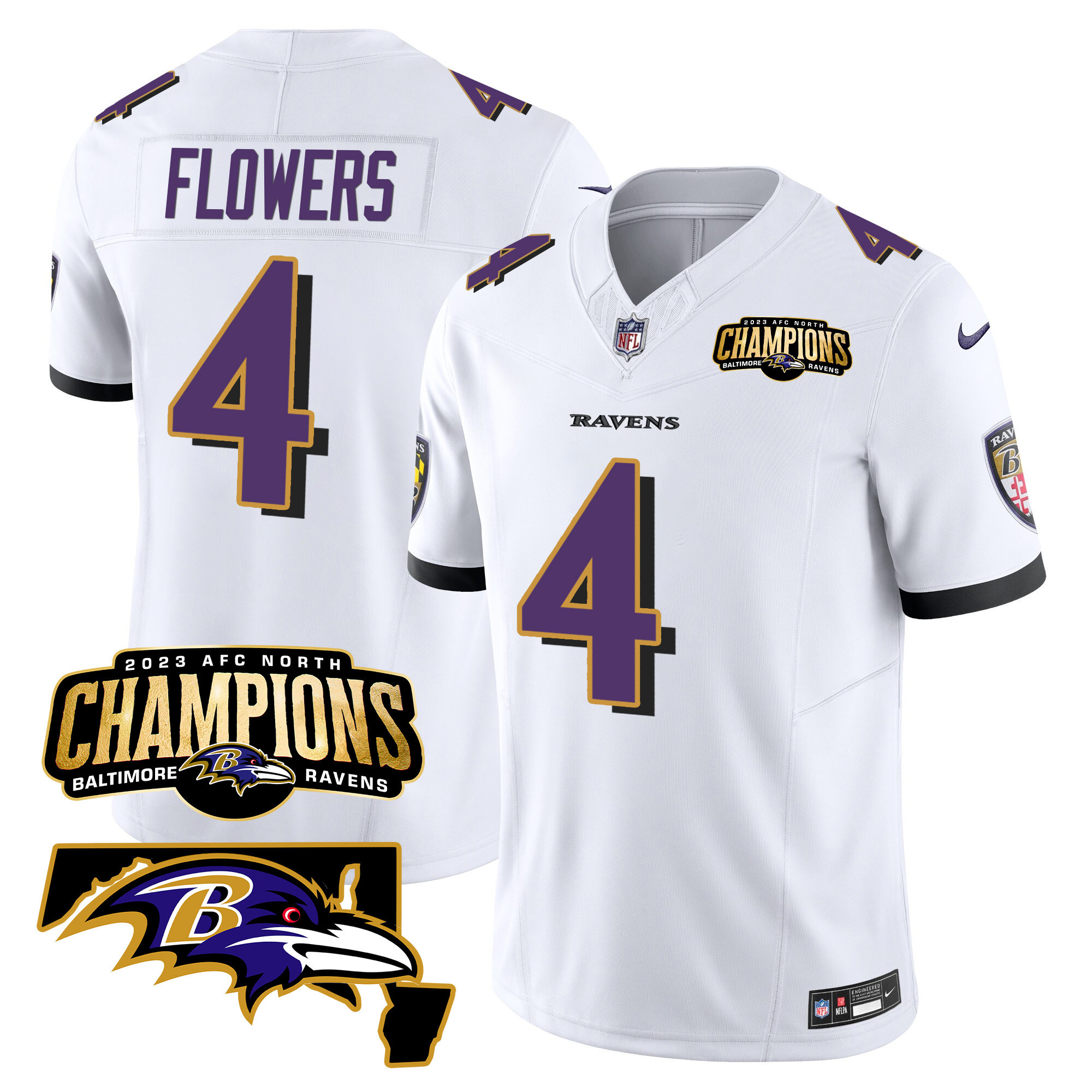 Zay Flowers Men's Baltimore Ravens 2023 Afc North Champions Maryland Patch Vapor White Jersey All Stitched