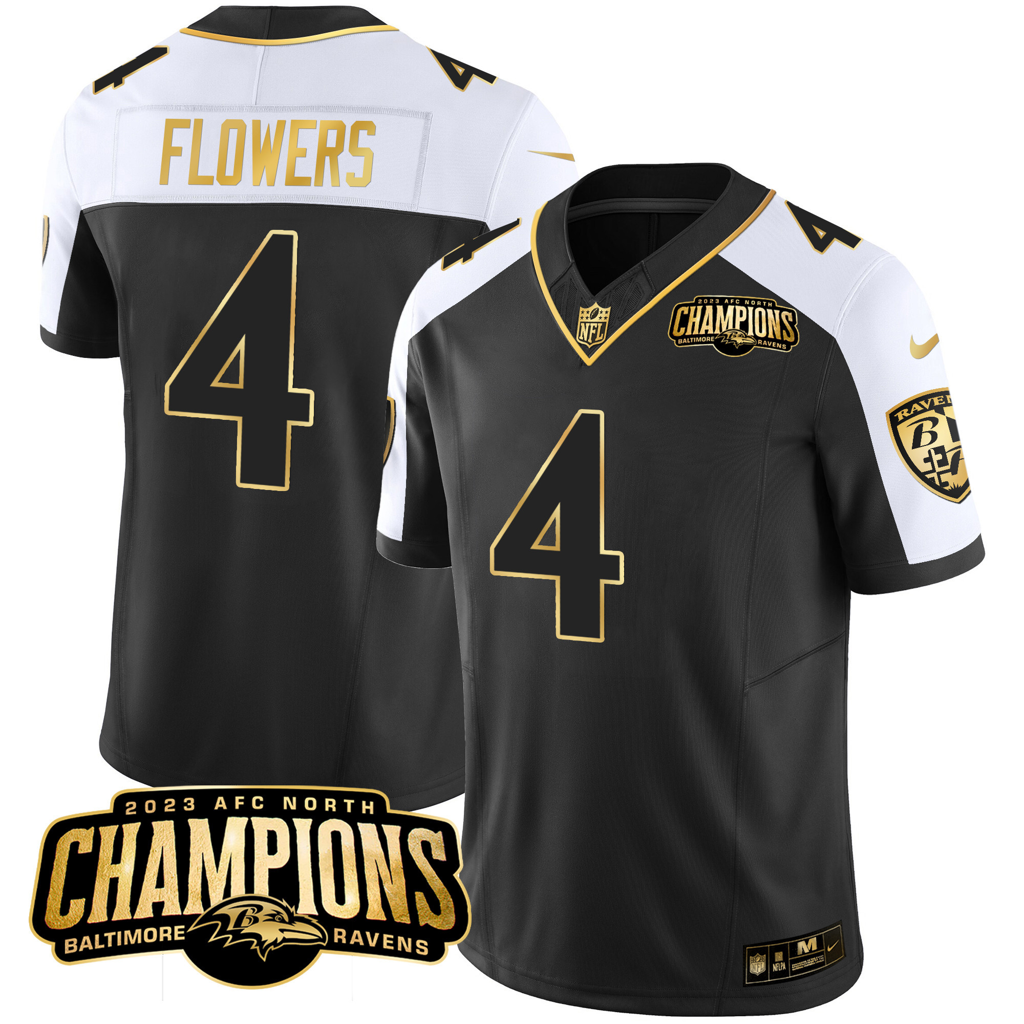 Zay Flowers Men's Baltimore Ravens 2023 Afc North Champions Patch Gold Vapor Alternate Jersey All Stitched