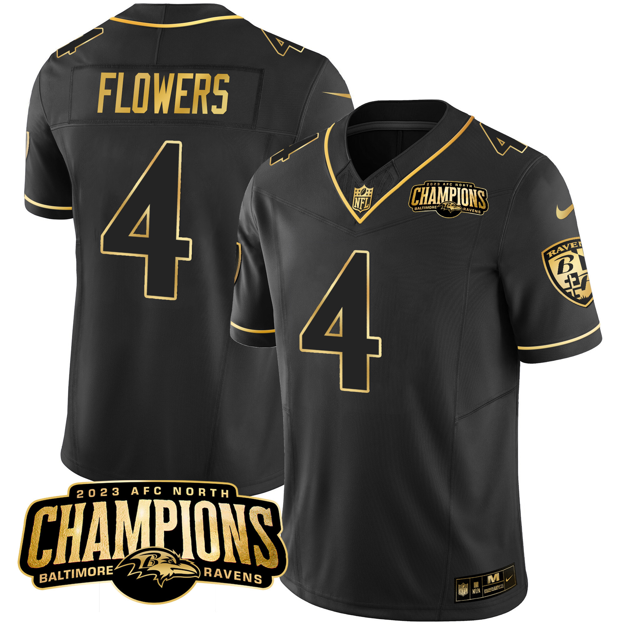 Zay Flowers Men's Baltimore Ravens 2023 Afc North Champions Patch Gold Vapor Black Gold Jersey All Stitched