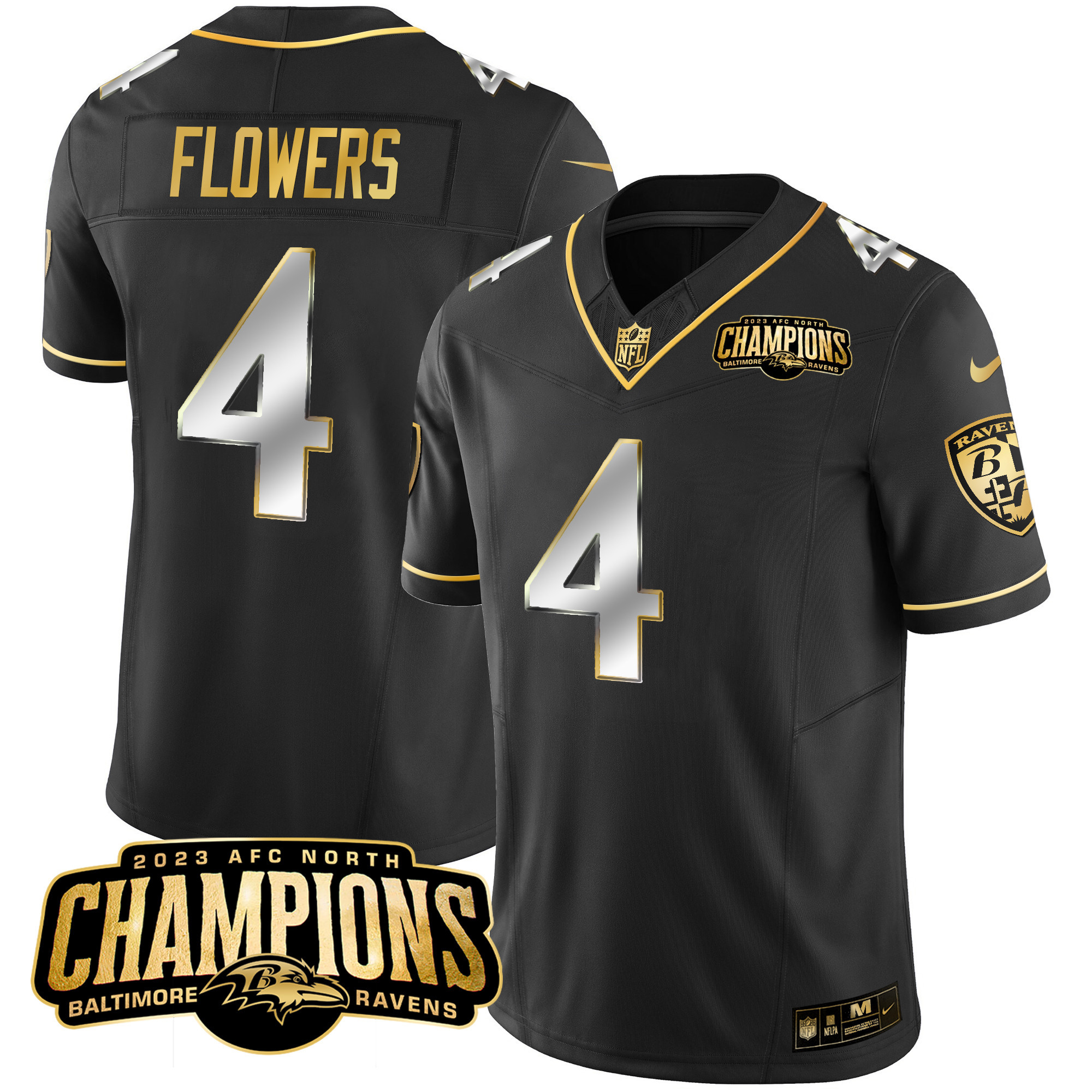 Zay Flowers Men's Baltimore Ravens 2023 Afc North Champions Patch Gold Vapor Black Limited Jersey All Stitched