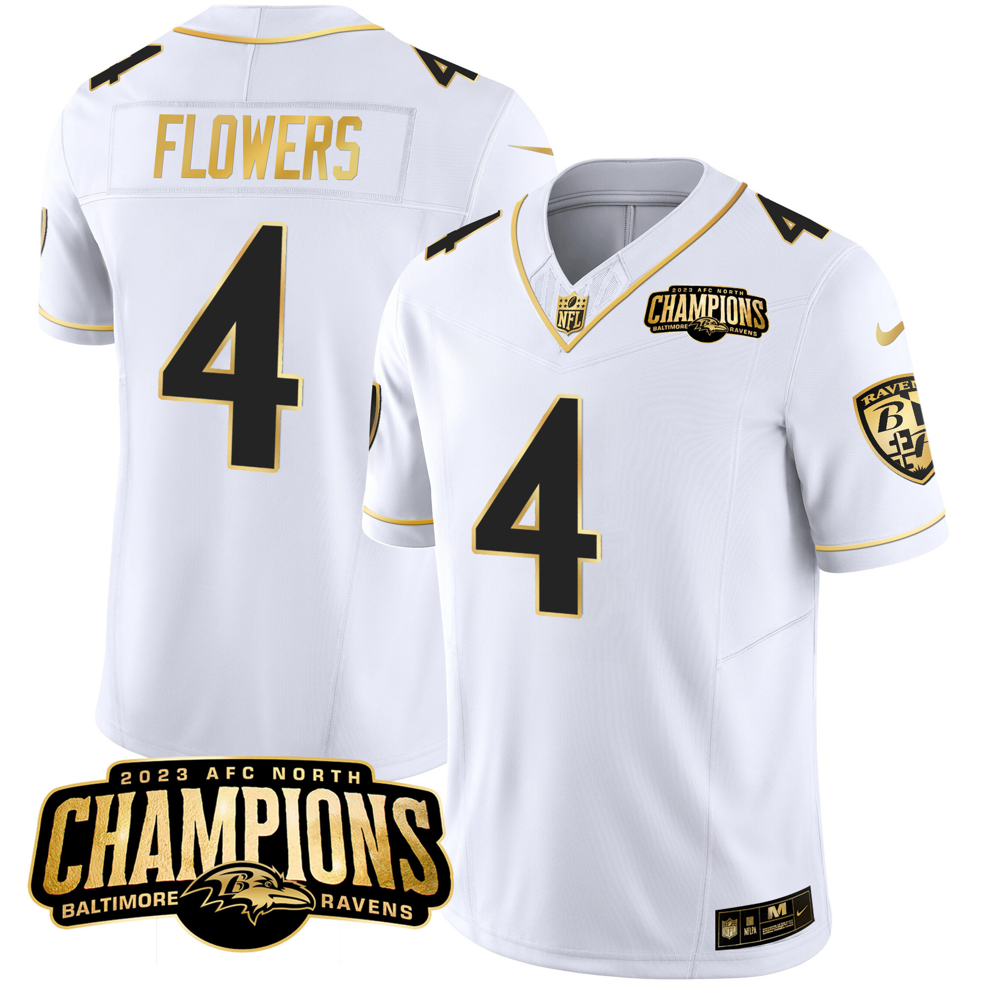 Zay Flowers Men's Baltimore Ravens 2023 Afc North Champions Patch Gold Vapor White Gold Jersey All Stitched