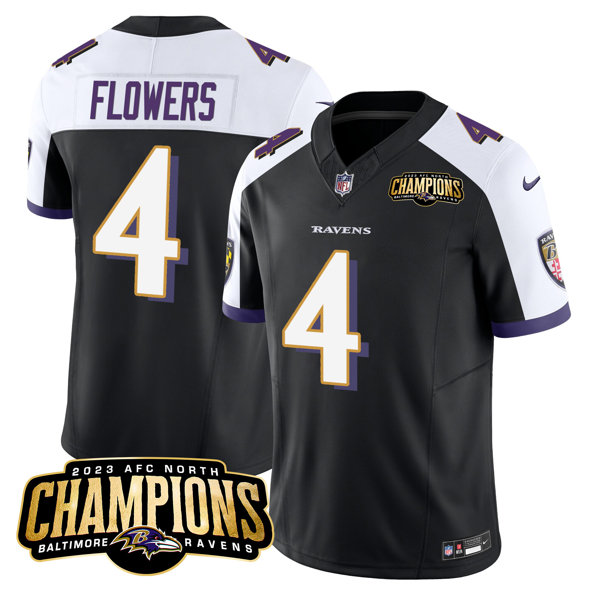Zay Flowers Men's Baltimore Ravens 2023 Afc North Champions Patch Vapor Limited Black Alternate Jersey All Stitched
