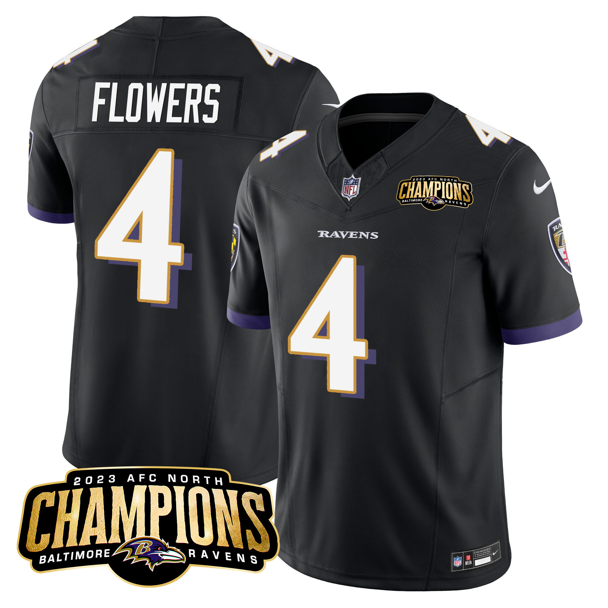 Zay Flowers Men's Baltimore Ravens 2023 Afc North Champions Patch Vapor Limited Black Jersey All Stitched