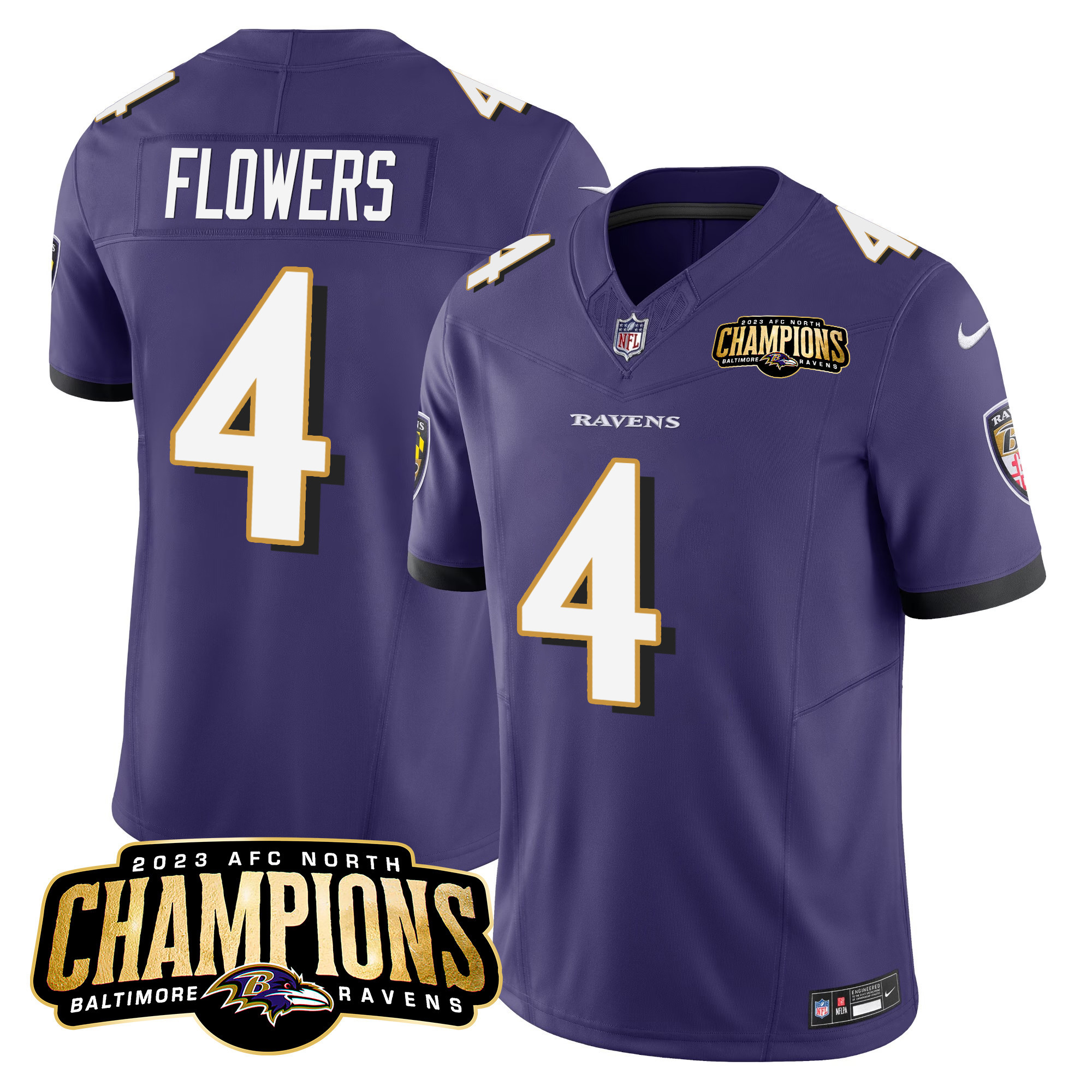 Zay Flowers Men's Baltimore Ravens 2023 Afc North Champions Patch Vapor Limited Purple Jersey All Stitched