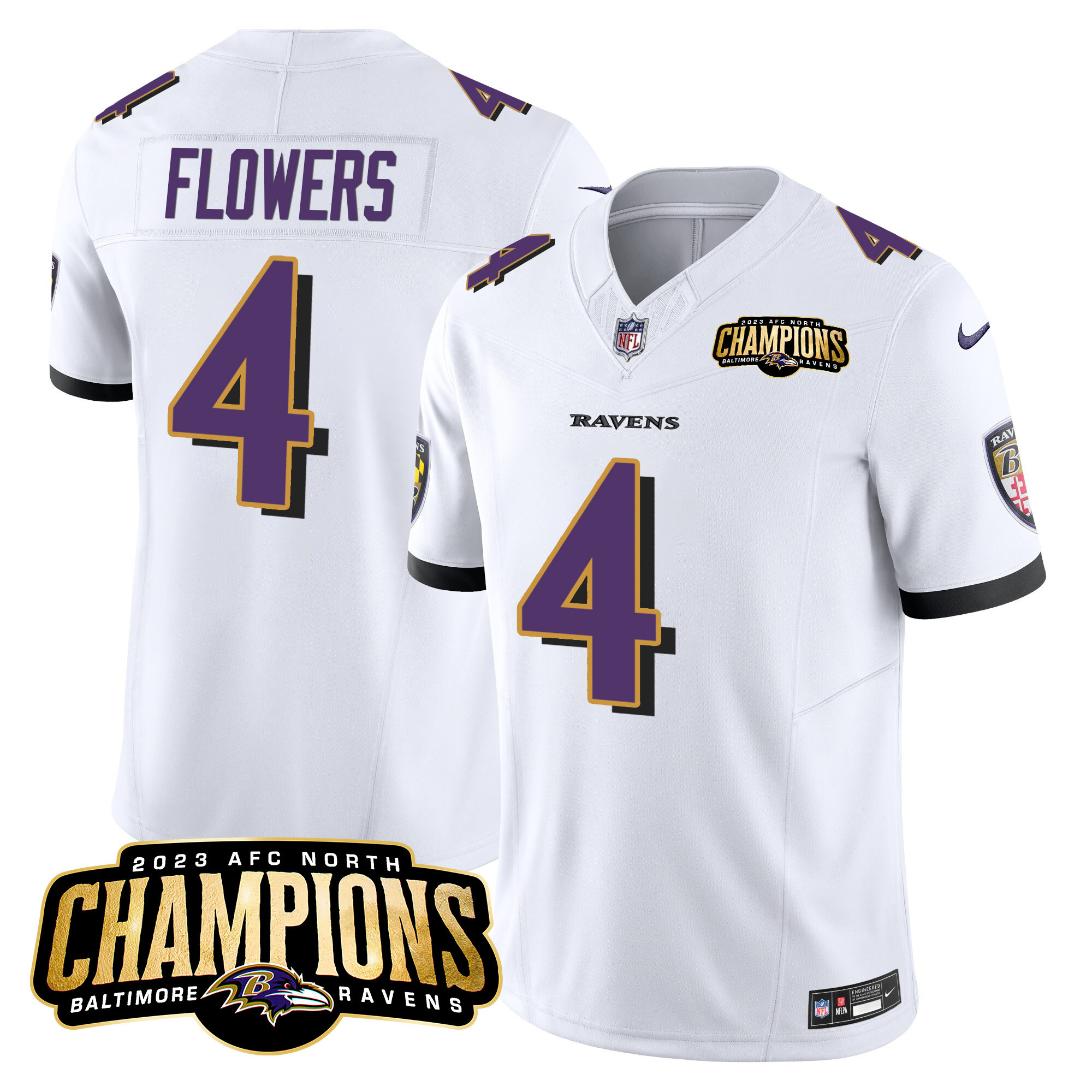 Zay Flowers Men's Baltimore Ravens 2023 Afc North Champions Patch Vapor Limited White Jersey All Stitched